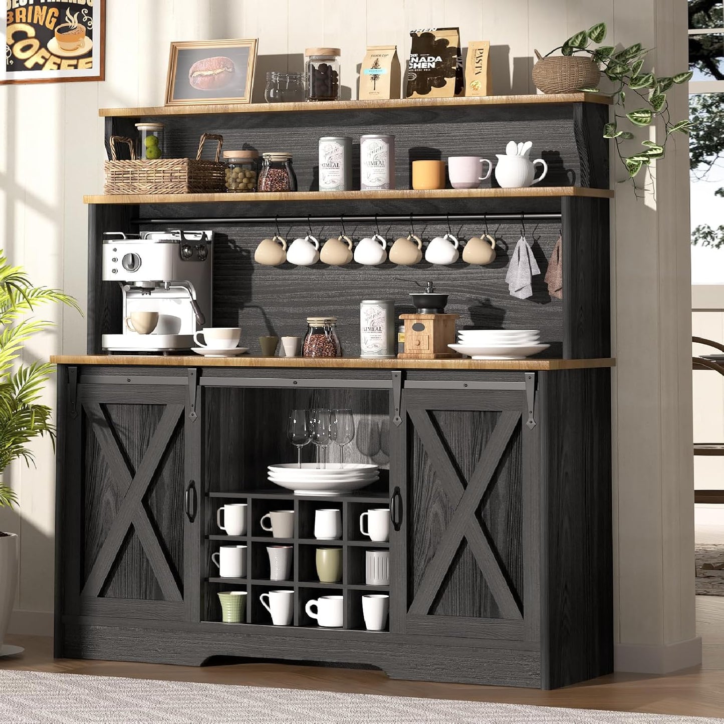 55'' Farmhouse Coffee Bar Cabinet with 3 Tier Storage Hutch, Coffee Bar Station with Sliding Barn Door, Hutch Storage Cabinet with 12 Wine Racks & 9 Hooks for Kitchen Dining Living Room