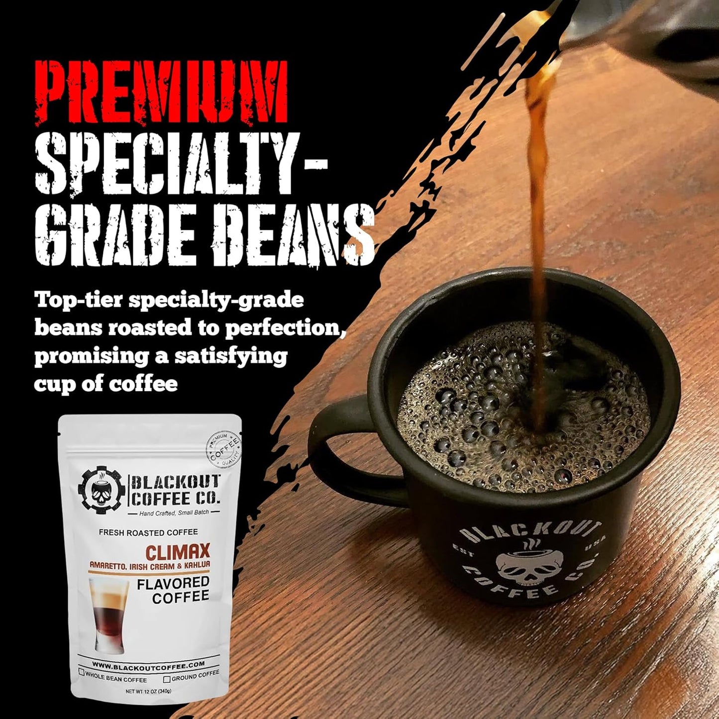 Blackout Coffee Climax Amaretto, Irish Cream & Kahlua Flavored Ground Coffee, Medium Roast - Ground Coffee, Fresh Roasted In the USA,12 oz Pouch