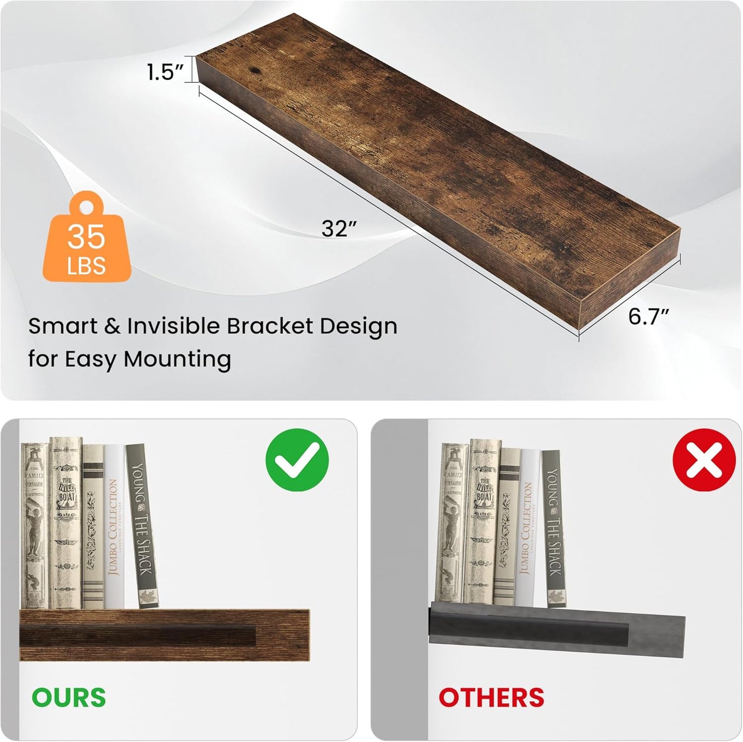 Floating Shelves for Wall, 31.5"W x 6.7"D x 1.5"H, Wooden Wall Mounted Display Shelf with Invisible Brackets for Living Room, Bedroom, Bathroom, Kitchen Decor & Storage, Set of 2, Rustic Brown