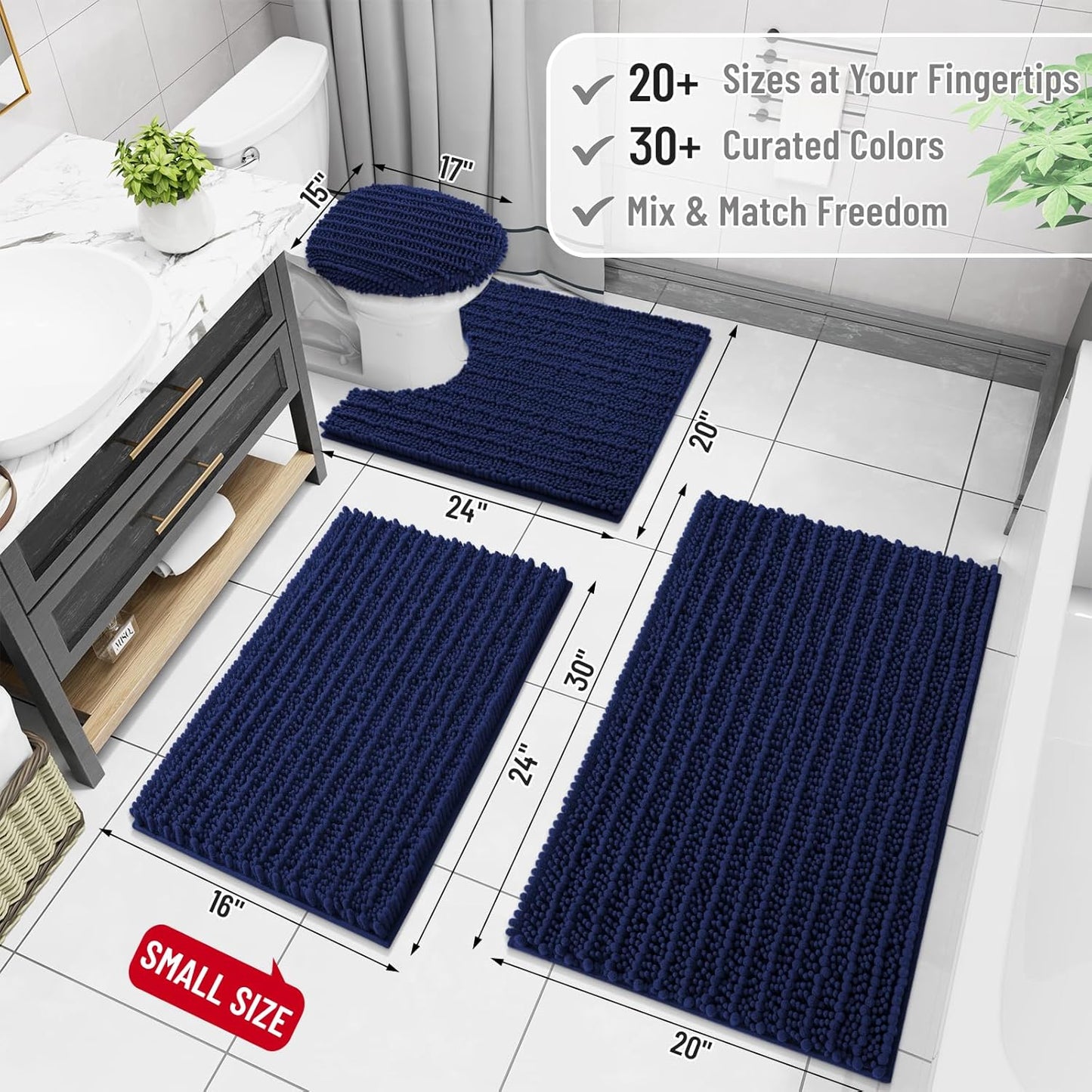 Arotive Luxury Chenille Bathroom Rug Mat, Extra Soft Thick Absorbent Shaggy Bath Rugs, Non-Slip Machine Wash Dry, Plush Bath Mats for Bathroom, Shower and Tub, 44x24, Navy