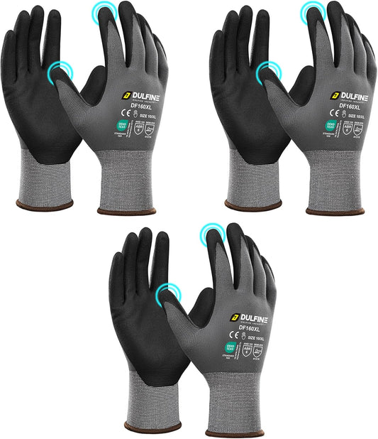 DULFINE Safety Work Gloves MicroFoam Nitrile Coated-3 Pairs Pack,Seamless Knit Nylon Glove with Black Micro-Foam Nitrile Grip,Ideal for General Purpose,Automotive,Home Improvement,Painting(XX-Large)