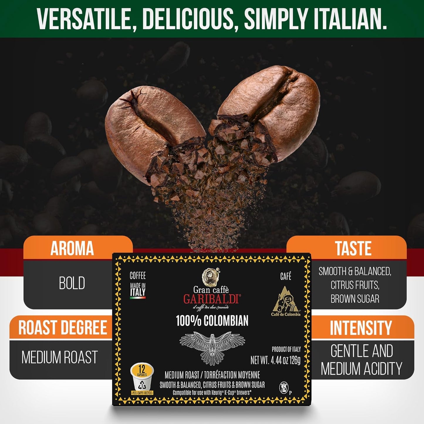 Caffè Garibaldi Colombian Coffee Pods, for Keurig K-Cup Brewers, Single Serve Cups with 100% Arabica Blend for Coffee Makers, 12 Count Recyclable Pods - Medium Roast