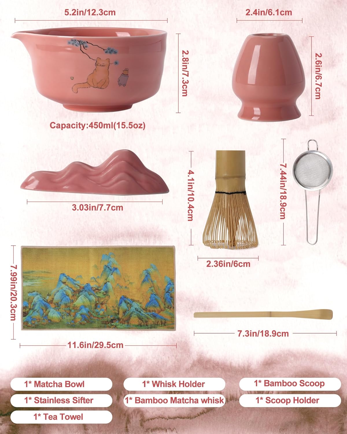 Matcha Set - Japanese Matcha Kit Set 7-Pcs: Ceramic Bowl (Chawan), Matcha Whisk and Holder, Bamboo Scoop, Scoop Rest, Sifter and Towel - Authentic Tea Ceremony Tools for Tea Lovers (Hot Pink)