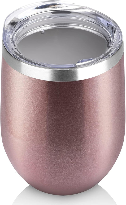 DOMICARE Stainless Steel Wine Tumbler Bulk with Lid, 12oz Travel Coffee Cups, Personalized Rose Gold Insulated Tumblers Set, Pack of 1