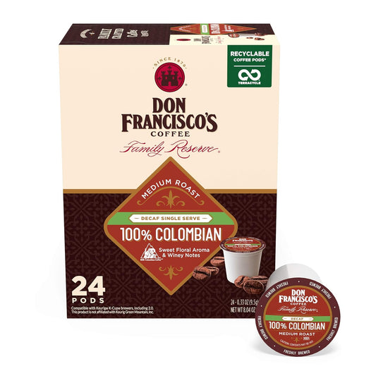Don Francisco's Decaf Colombia Coffee - 24 K-Cup Compatible Single-Serve Pods - 99.7% Caffeine-Free - 100% Arabica - Recyclable through TerraCycle - Compatible with Keurig Brewers