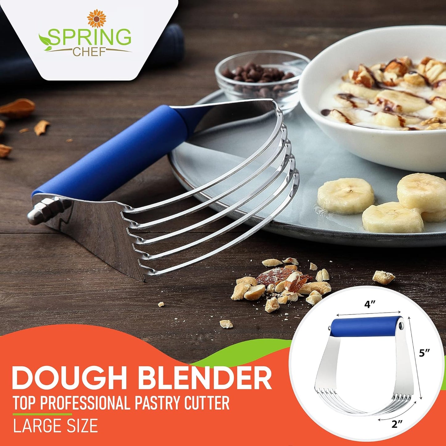 Spring Chef Large Dough Blender For Baking, Stainless Steel Puff Pastry Cutter Tool with Sharp & Thick Blades, Dishwasher Safe Dough Cutter Tool, Manual Pastry Blender for Easy Mixing - Sapphire