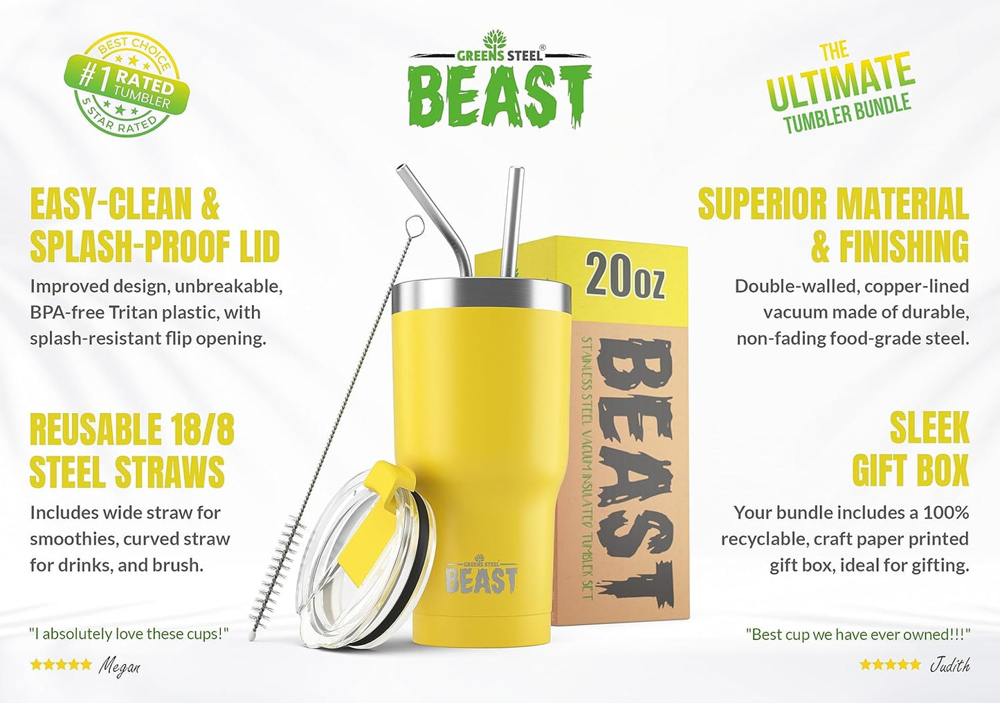 Beast 20 oz Tumbler Stainless Steel Vacuum Insulated Coffee Ice Cup Double Wall Travel Flask (Lemon)