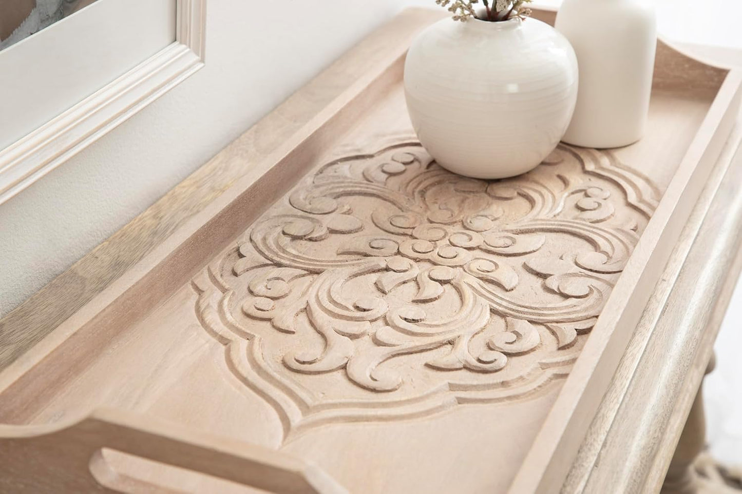 Kate and Laurel Adhira Carved Decorative Rectangle Tray, 24 x 10, Natural Wood, Traditional Display Tray with Handles and Hand Carved Wooden Pattern