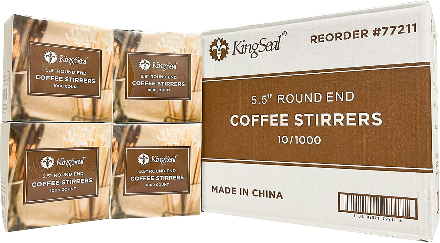 4,000 Count | KingSeal Natural Birch Wood Coffee Beverage Stirrers, Stir Sticks, Waxing Sticks, 5.5 Inches, Round End - 4 Packs x 1000 Stirrers