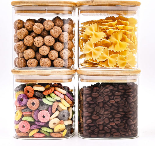 Glass Food Storage Jars Square 24oz, 4 Pack Glass Jars With Bamboo Lids, Kitchen Storage Containers For Spice, Candy, Cookie, Storage For Pantry Organizers