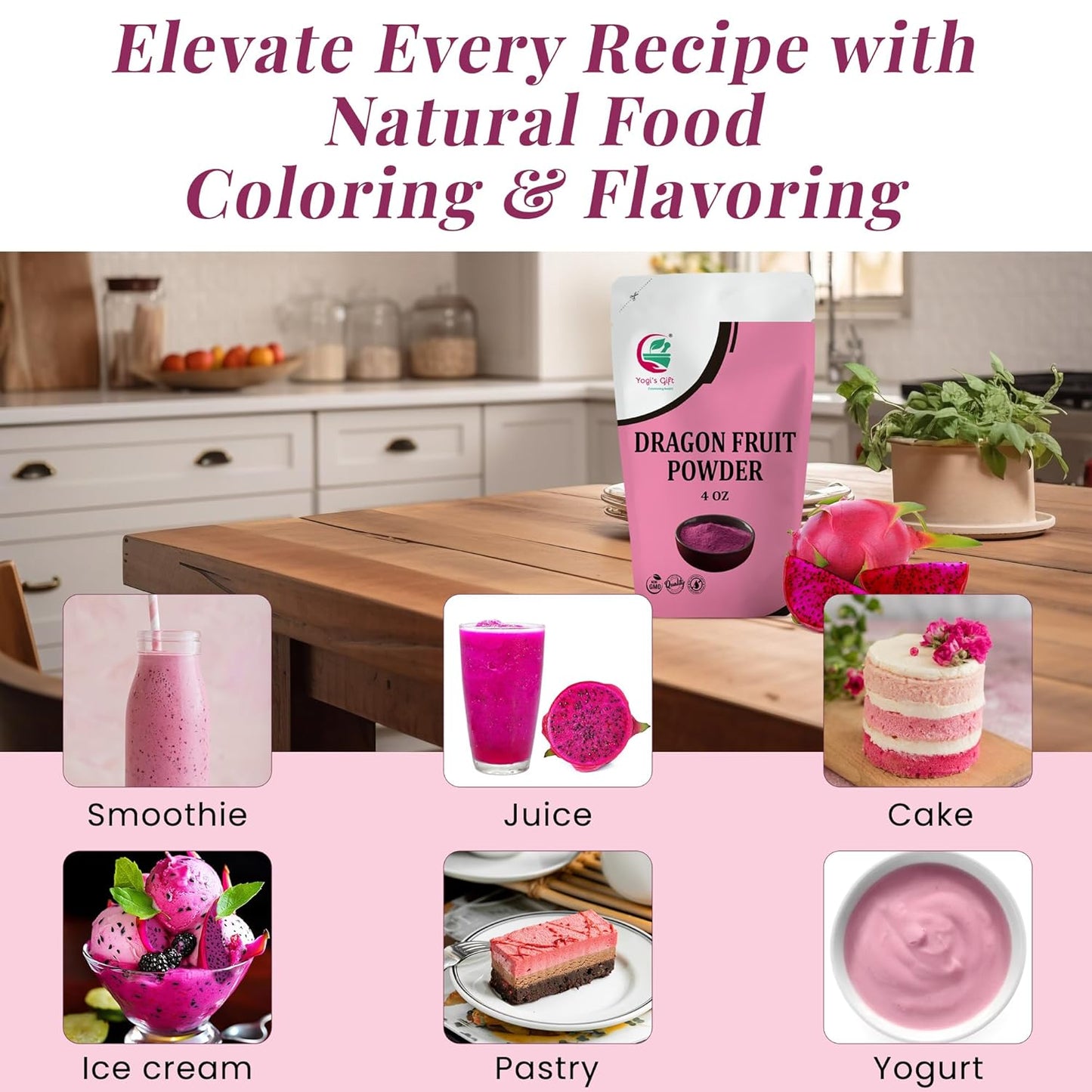 Dragon Fruit Powder 4oz, 100% Pure & Natural Pink Pitaya Powder, Premium Quality, For Smoothies, Baking, Tea, Natural Food Coloring and Flavoring - By Yogi’s Gift®