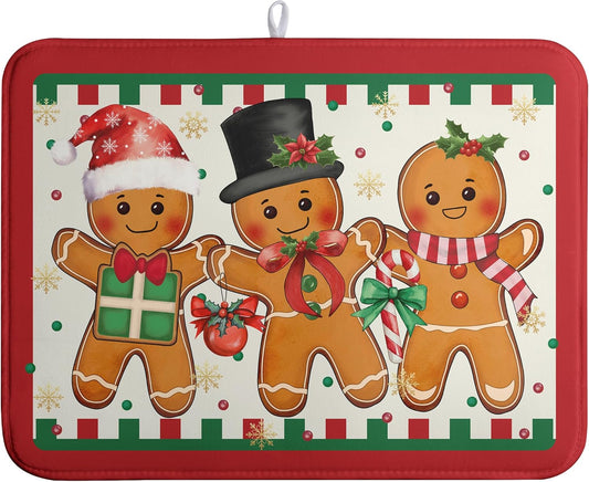 Christmas Gingerbread Man Dish Drying Mat Winter Large Kitchen Mats Dish Drying Pad Xmas Candy Absorbent Dish Dryer Mat for Kitchen Countertops Microfiber Drainer Pad Dish Drying Mats (18x24 in)