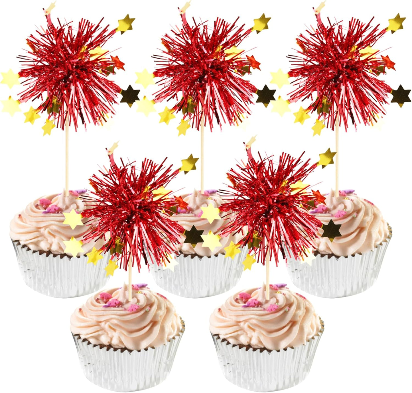 30 PCS Foil Firework Cupcake Toppers Happy Birthday Star Cupcake Picks Sparkle Tinsel Drink Stirrers Cocktail Fruit Toothpicks for Valentine's Day Wedding Birthday Party Decorations Supplies Red