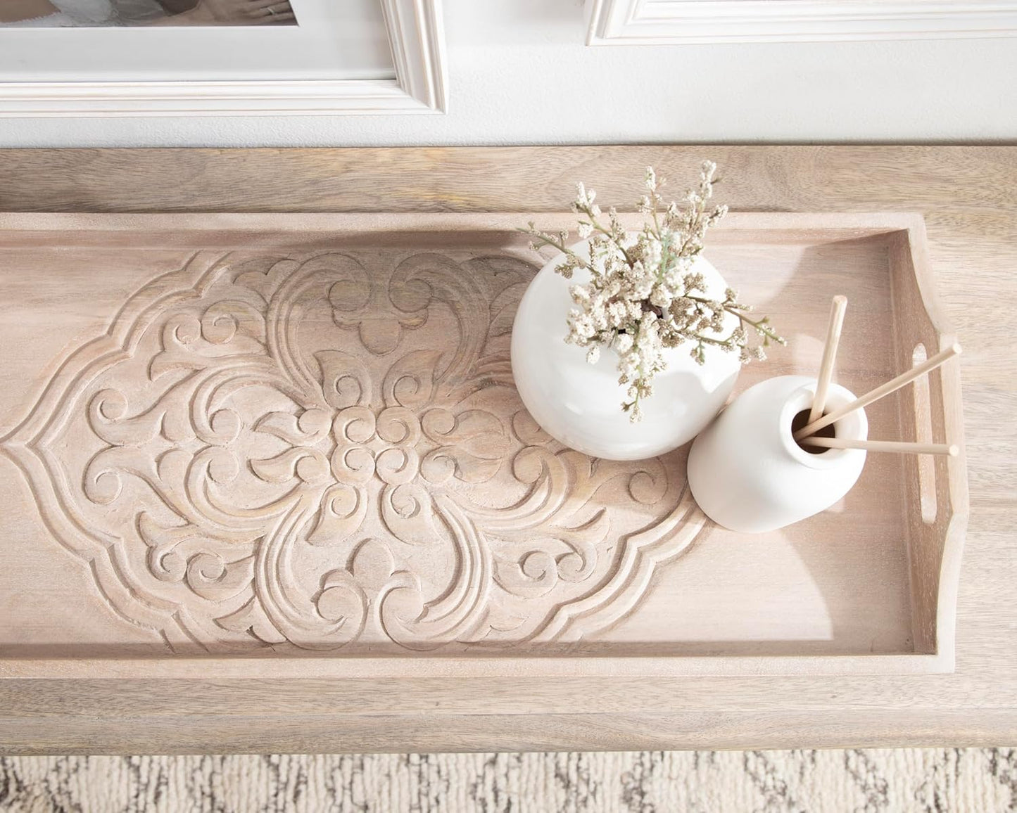 Kate and Laurel Adhira Carved Decorative Rectangle Tray, 24 x 10, Natural Wood, Traditional Display Tray with Handles and Hand Carved Wooden Pattern