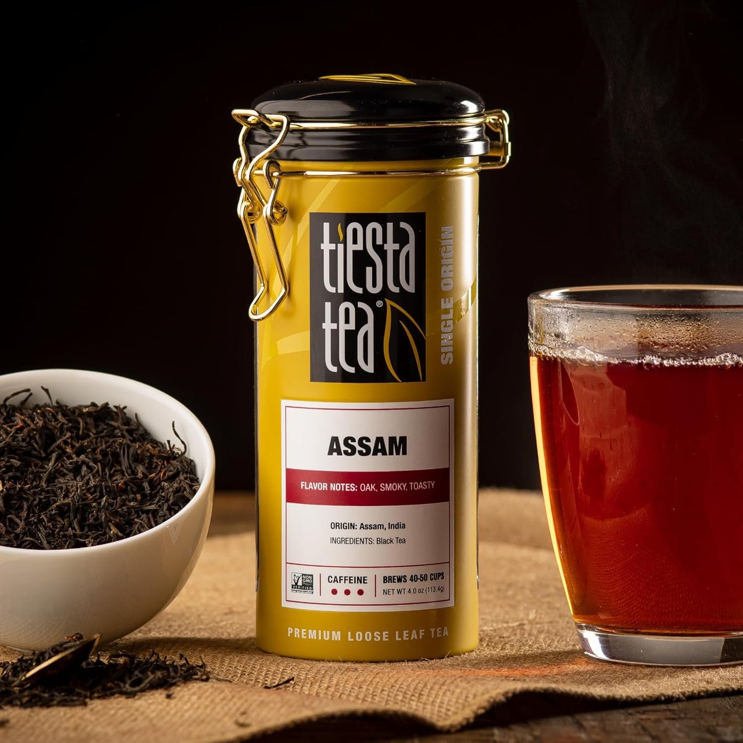 Tiesta Tea - Assam Black Tea, Loose Leaf, Single Origin Premium Black from India, High Caffeinated, Make Hot or Iced & Brews Up to 50 Cups, Pure Unblended, 4oz Refillable Tin