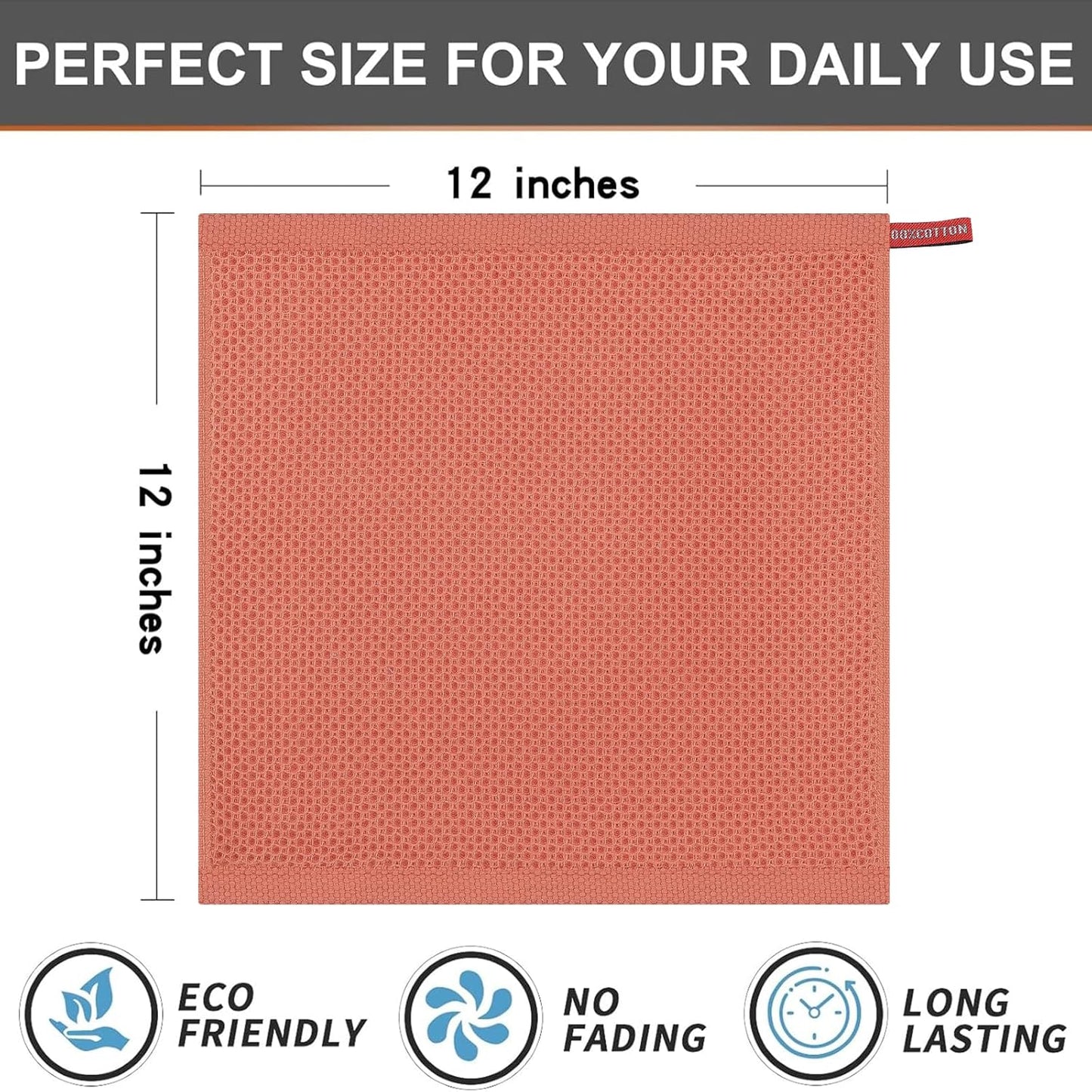 Kitinjoy 100% Cotton Kitchen Dish Cloths, 12 Pack Waffle Weave Ultra Soft Absorbent Dish Towels for Drying Dishes Quick Drying Kitchen Towels Dish Rags, 12 X 12 Inches, Coral