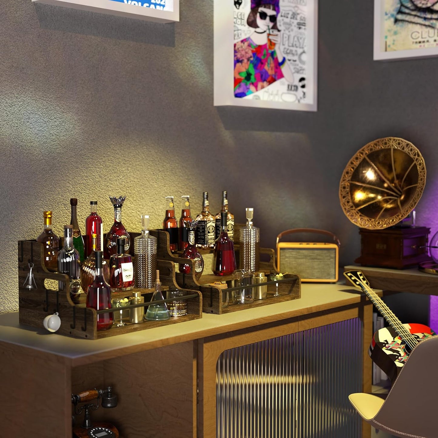 3-Tier Liquor Bottle Display Shelf, Bar Stand for Whiskey, Spirits, Coffee Syrup Rack Organizer, Countertop Wine Rack for Home, Mini Coffee Bar, Small Liquor Cabinet and Kitchen Dark Brown