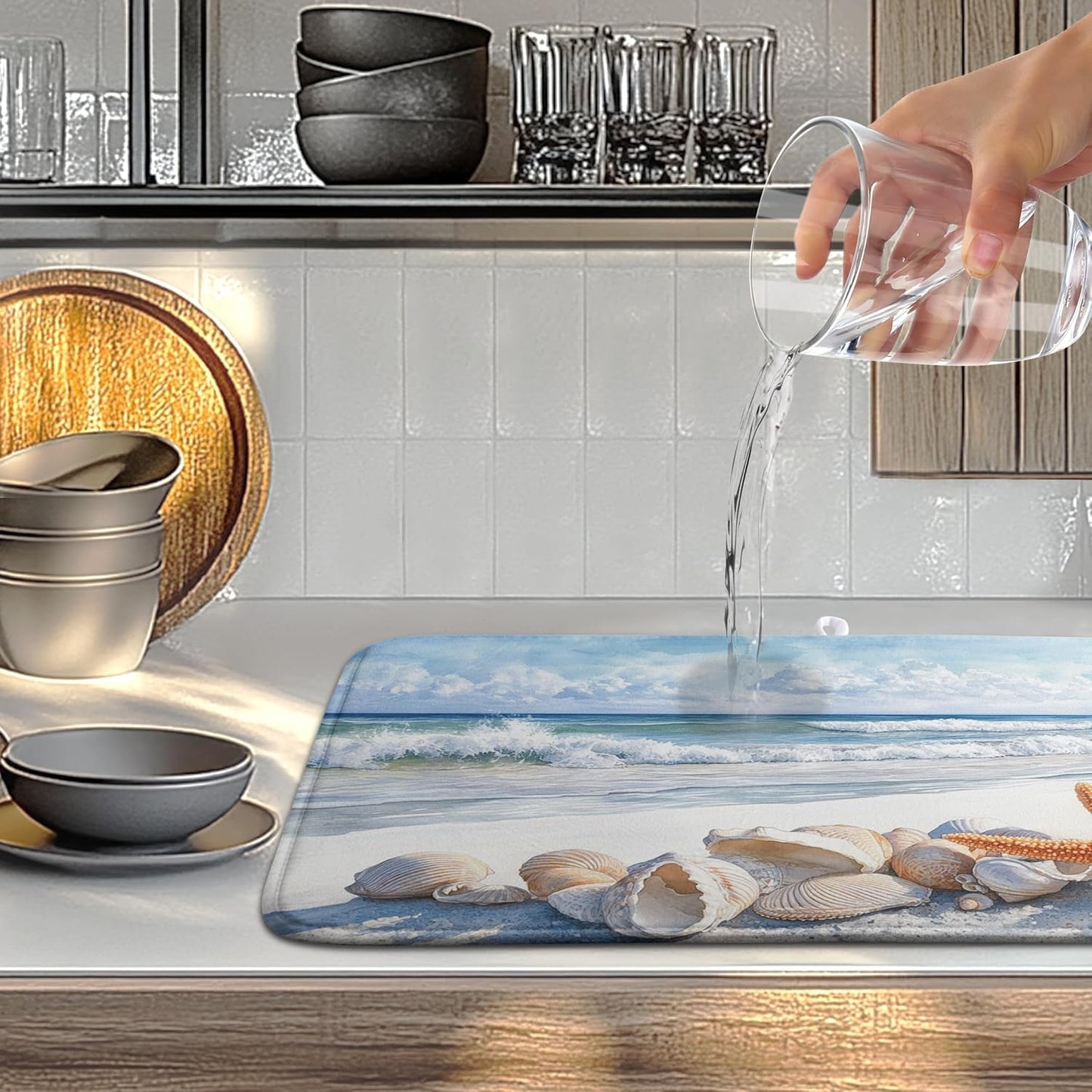 Summer Beach Dish Drying Mat for Kitchen Counter Starfish Coastal Shells Kitchen Dishes Dryer Pad Absorbent Matt Microfiber Washable Foldable Reusable Large 18x24 in