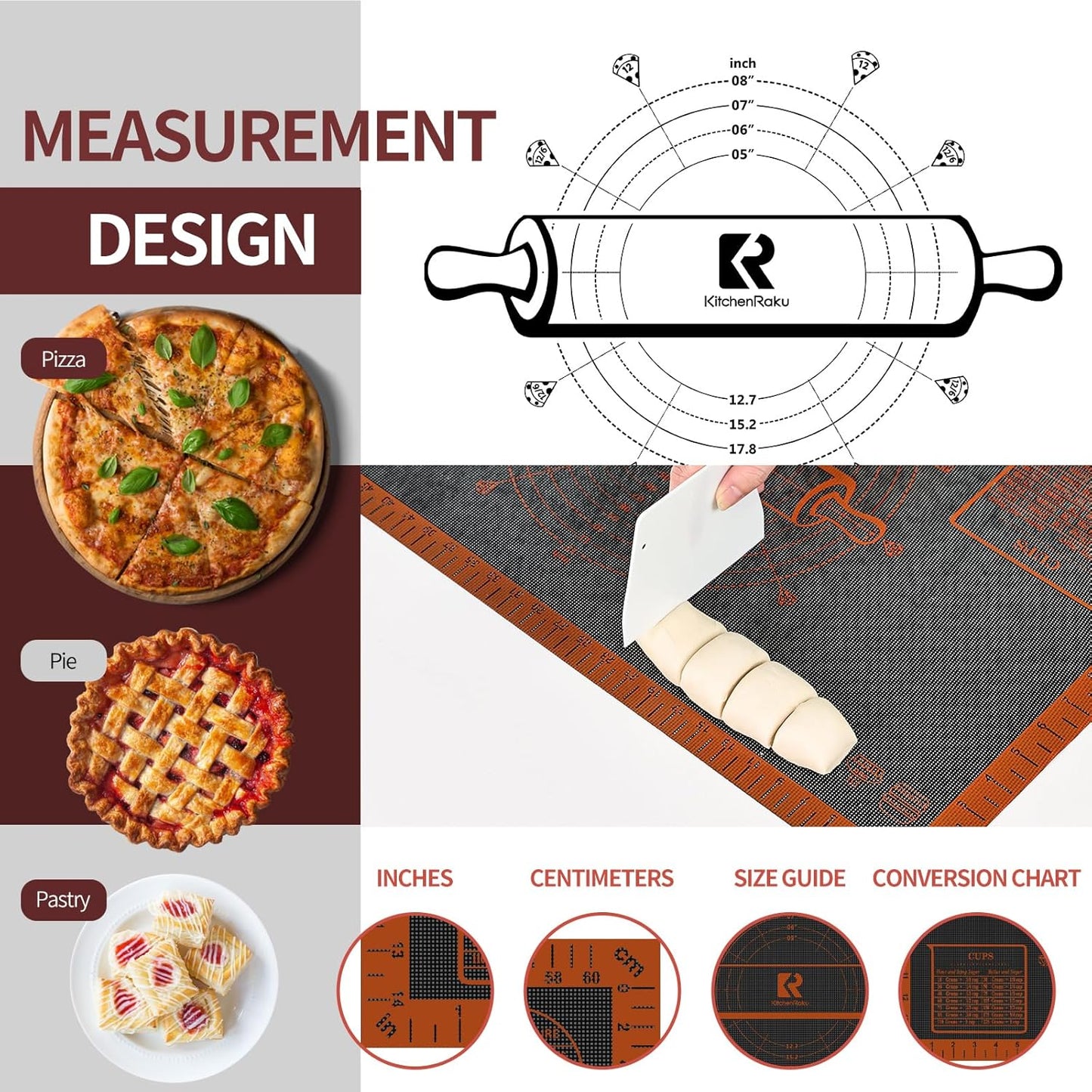 Silicone Pastry Mat Extra Large with Measurements 26''x16'' for Reusable,Non-slip Silicone Baking Mat, Counter, Dough Rolling, Oven Liner,Fondant/Pie Crust (Translucent_Orange, 16''W x 26''L)
