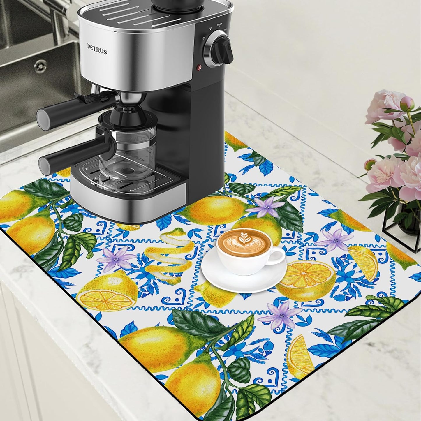 Lemon Fruit and Purple Flower Coffee Mat Absorbent Dish Drying Mat for Kitchen Counter Hide Stain Rubber Backed Coffee Bar Accessories Fit Under Espresso Machine Dish Drainer, 15.7 x 23.6 Inch