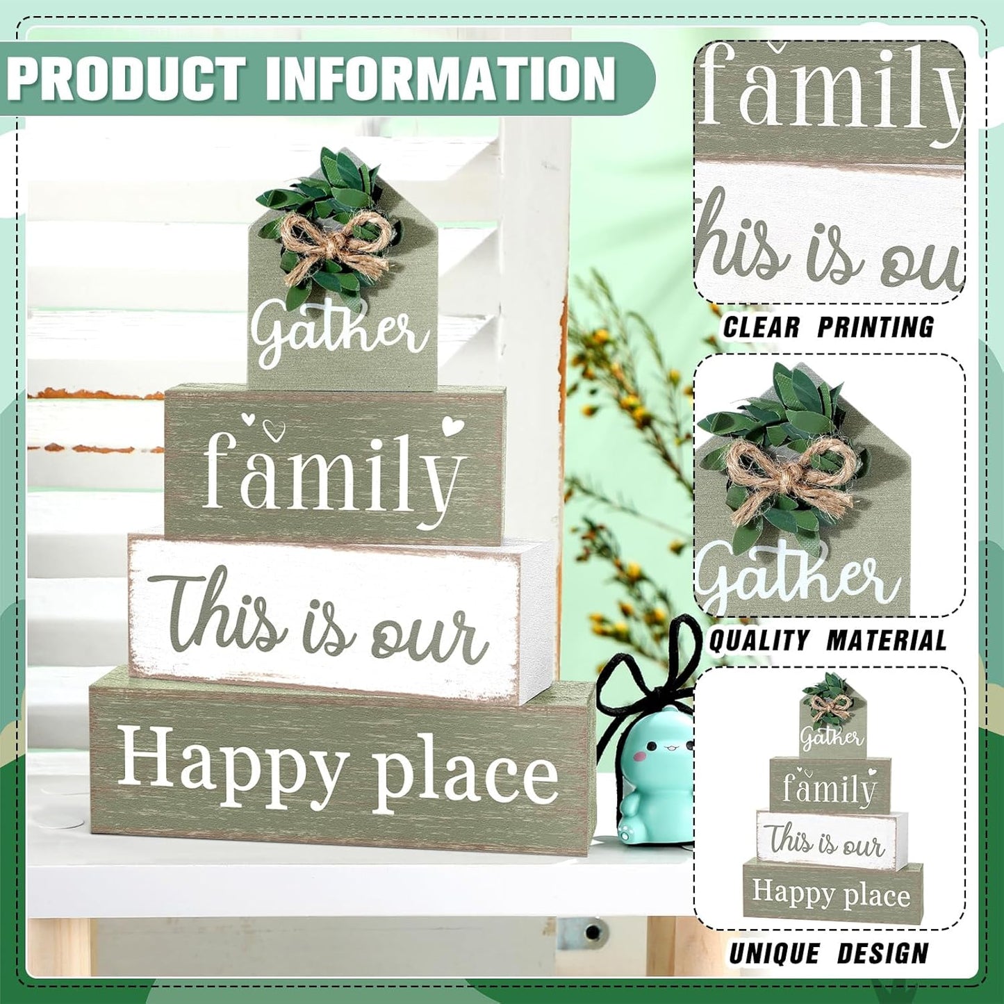 Farmhouse Table Decor Eucalyptus Leaves Wooden Block Sign Gift Gather Family This Is Our Happy Place Tabletop Centerpieces Rustic Decorations for Home Kitchen Shelf Desk Tiered Tray Decor