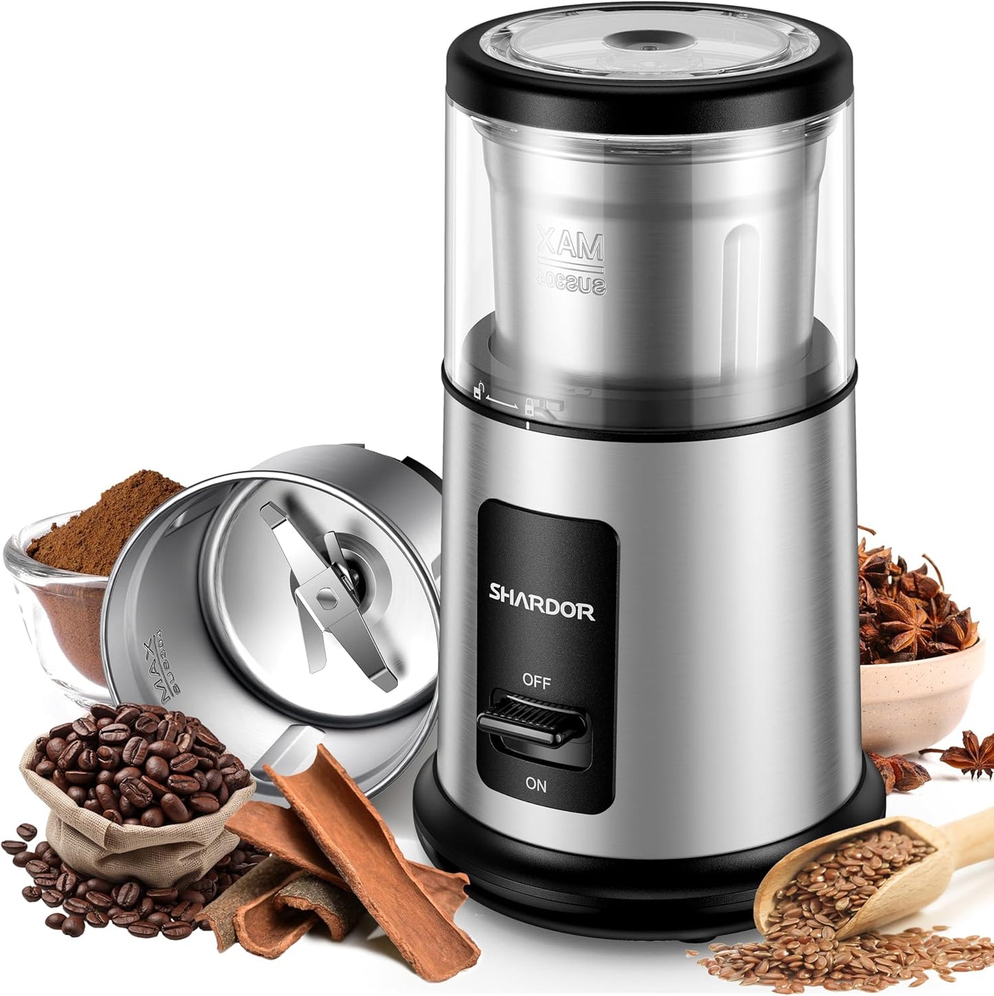 SHARDOR One Touch Coffee Grinder Electric, Spice, Herb, For Coffee Bean Spices and Seeds with 1 Removable Stainless Steel Bowl, Dry Grinder, Silver