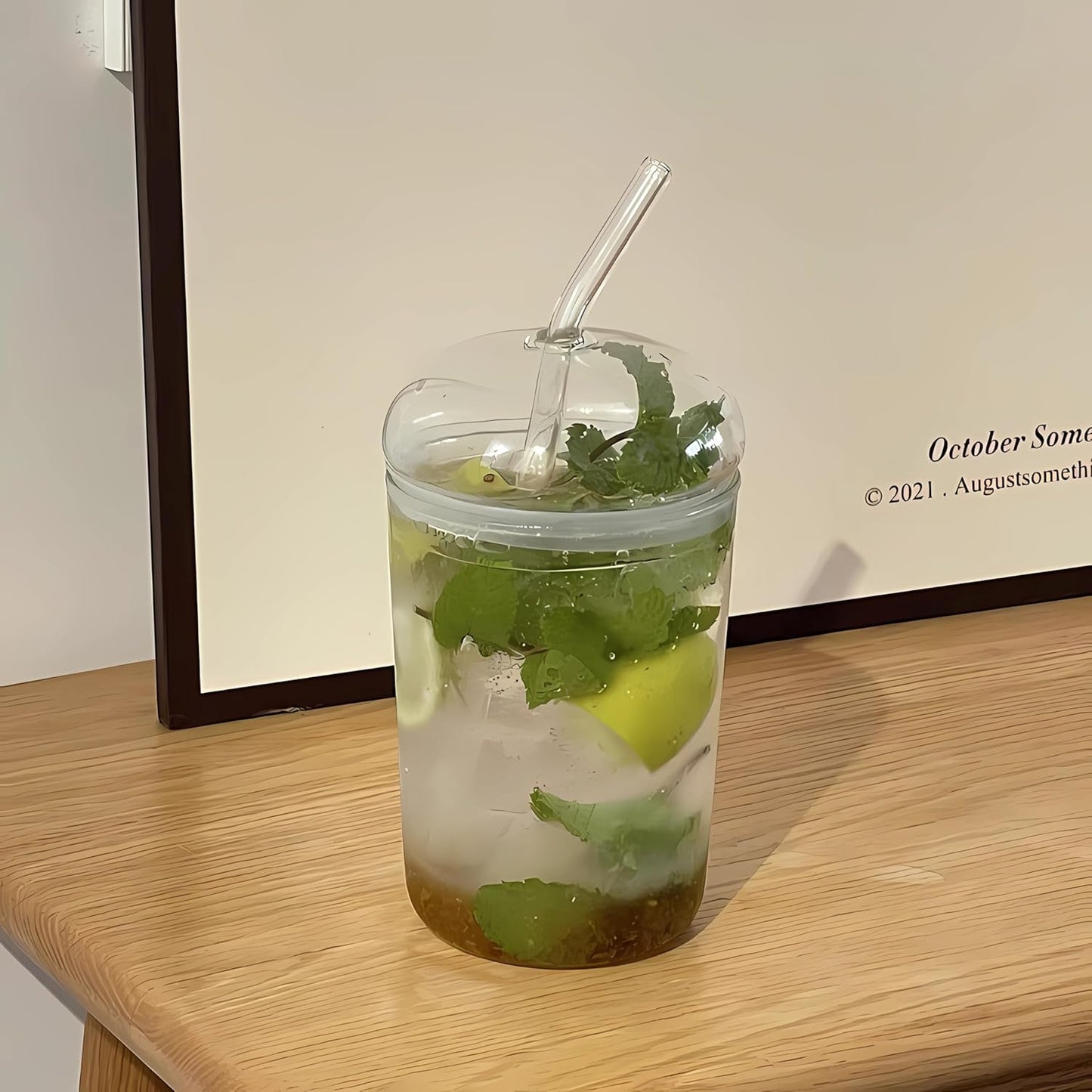 2 Pcs Drinking Glasses with Glass Lids and Glass Straw 16oz Glassware Set,Iced Coffee Glasses,Ideal for Water,Soda,Tea,Gift - with Cleaning Brushe