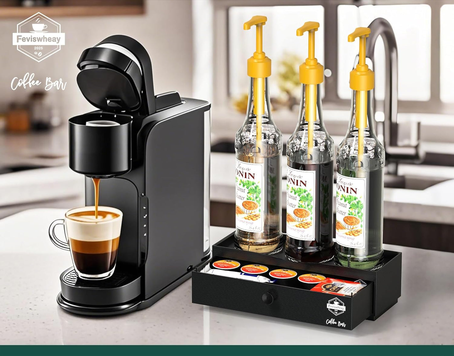 Coffee Syrup Rack Organizer,Syrup Bottle Holder Stand with K Cup Pod Drawer Storage.3 Bottles Storage Shelves for Syrup,Wine,Compact Design for Coffee Bar and Small Spaces
