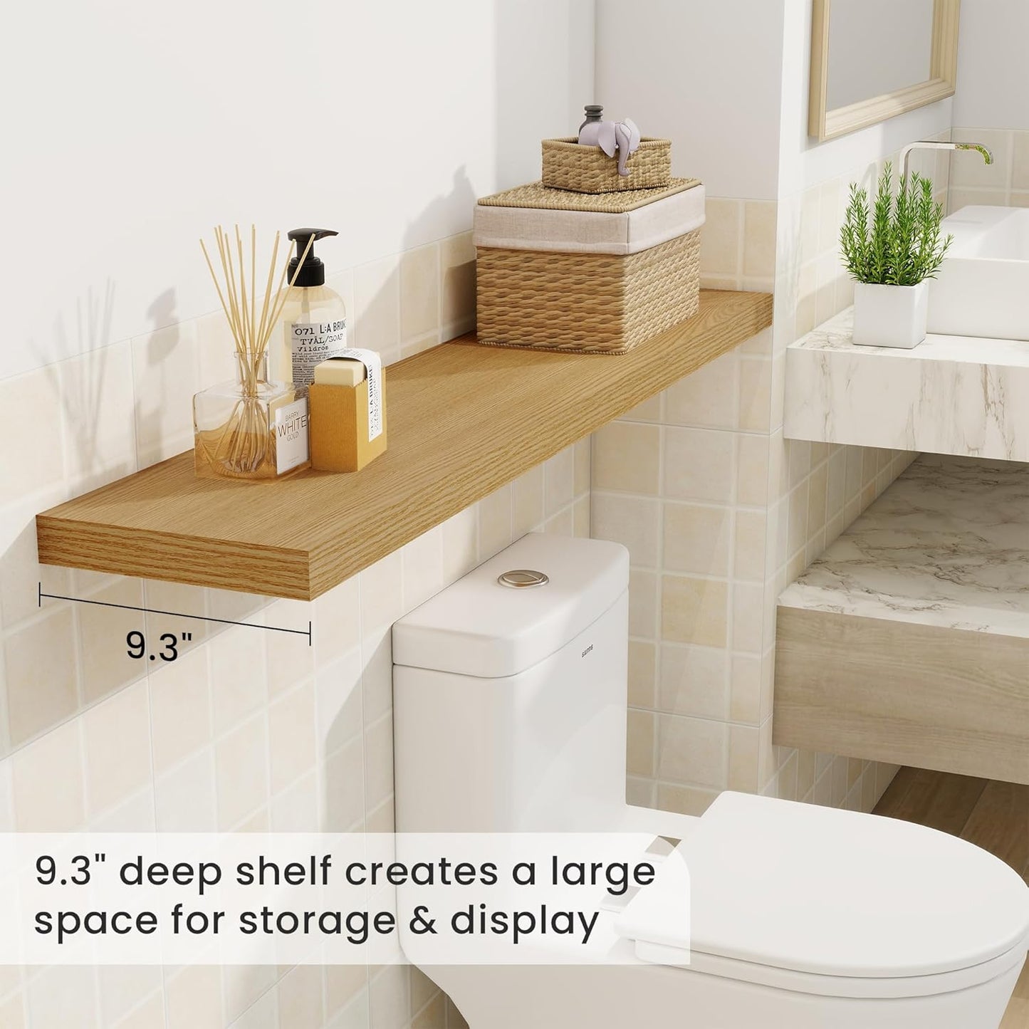 Fun Memories 48 Inch Deep Floating Shelves for Wall, 2 Pack of Long Wall Mounted Wood Shelves with Invisible Brackets for Bathroom, Bedroom, Living Room, Kitchen Decor and Storage, Oak