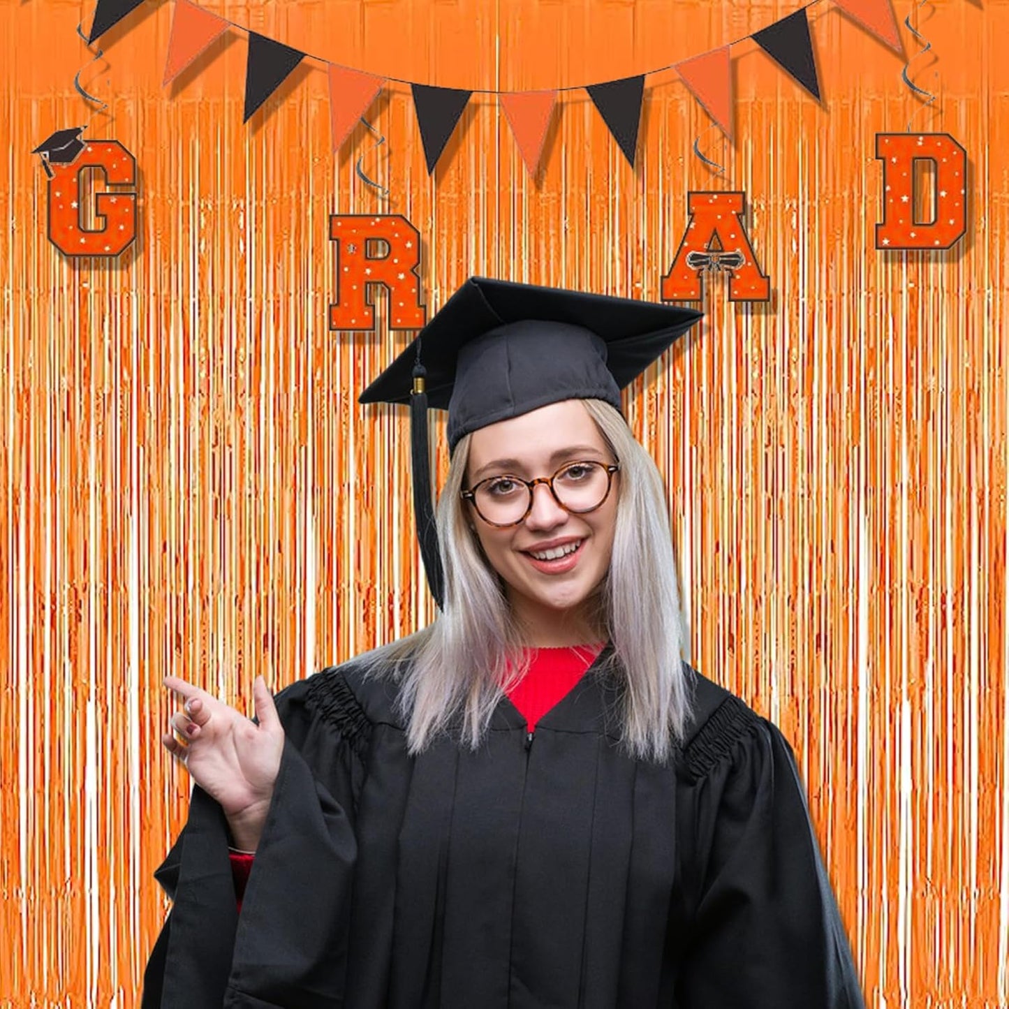 Foil Fringe Curtains Halloweens Decorations - Orange Tinsel Photo Backdrop Party Streamers for St Patricks Day, Easter, Birthdays, Fall, Pumpkin Theme, Thanksgiving, Basketball Party Decorations