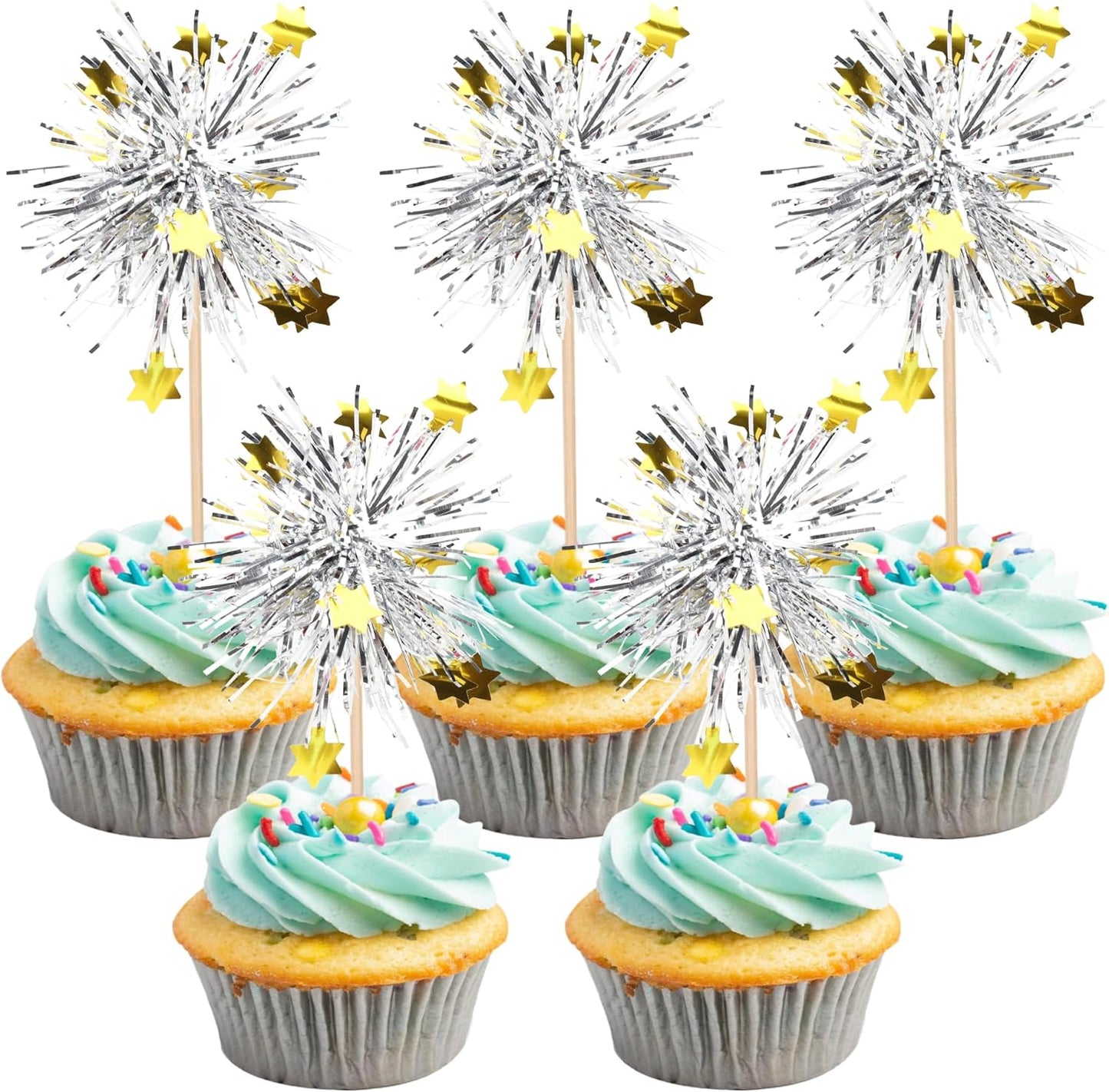 30 PCS Foil Firework Cupcake Toppers Happy Birthday Star Cupcake Picks Sparkle Tinsel Drink Stirrers Cocktail Fruit Toothpicks for Valentine's Day Wedding Birthday Party Decorations Supplies Silver