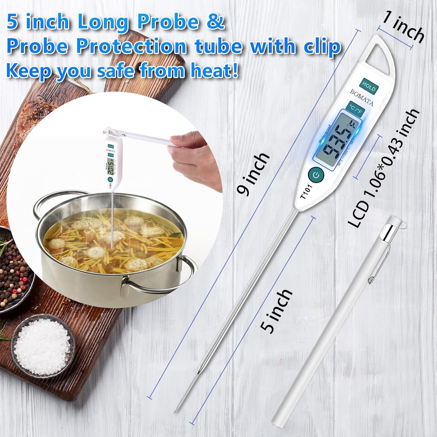 BOMATA 6 Pack Waterproof IPX7 Meat Thermometer Instant Read Food Thermometer with Long Probe for Water, Liquid, Kitchen Cooking, Grill,BBQ ! T101 X 6 Pcs (Black & Red & White)…