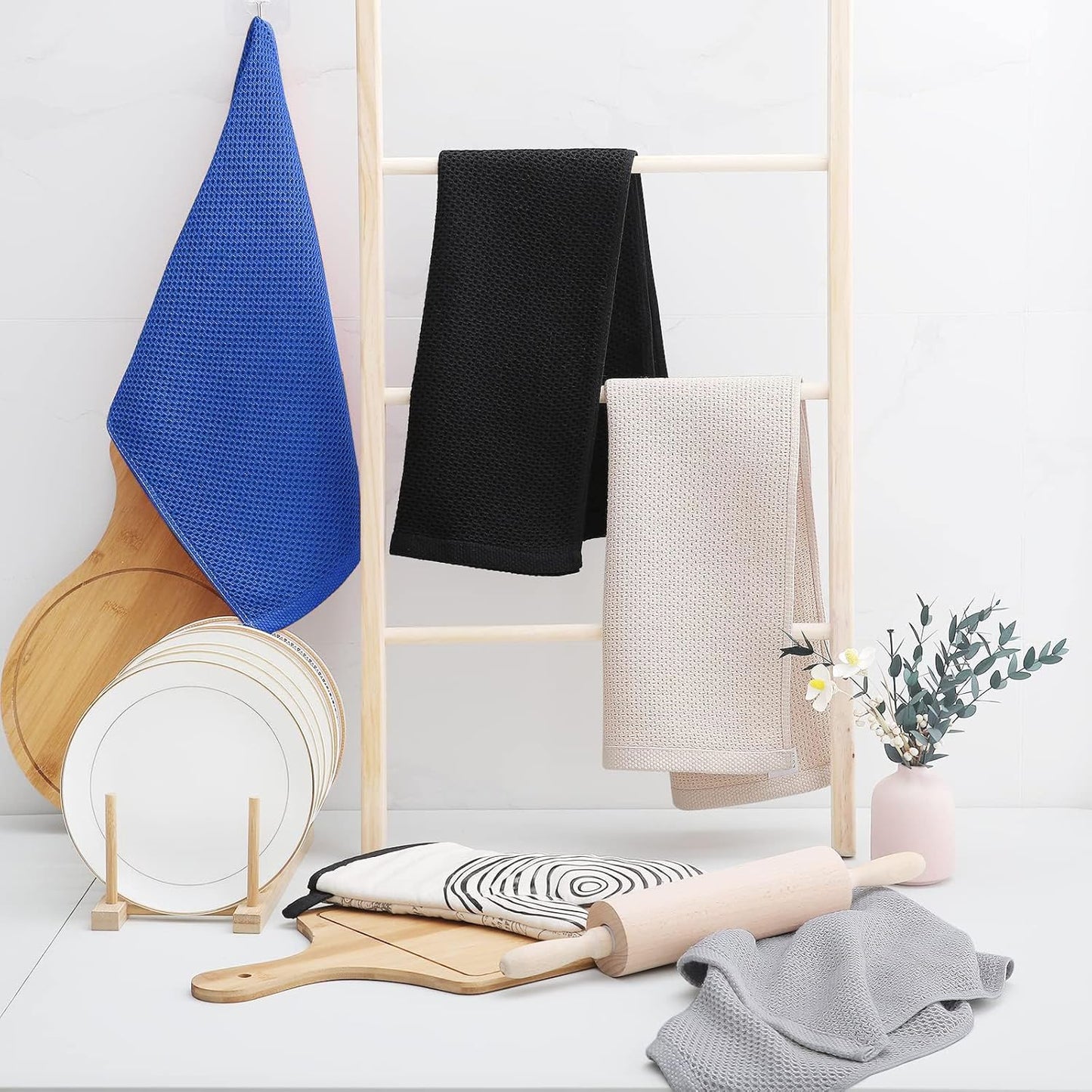 Homaxy 100% Cotton Waffle Weave Kitchen Dish Towels, Ultra Soft Absorbent Quick Drying Cleaning Towel, 13 x 28 Inches, 4-Pack, Blueberry