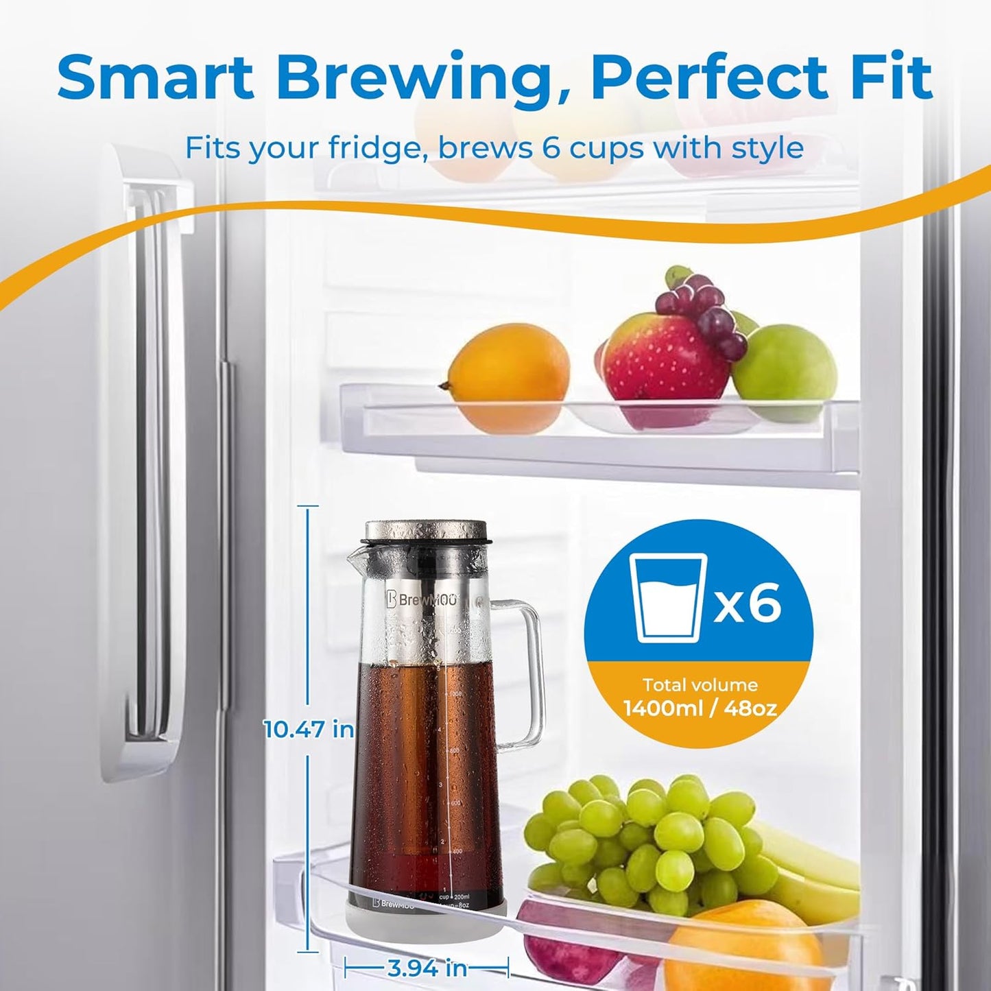 BrewMOO- Airtight Cold Brew Coffee Maker Pitcher, 1.4L/48Oz Thick Glass Carafe with Filter, Comfort Sturdy Handle & Wide Spout, Non-Slip Base | Iced Tea Maker (Grey)