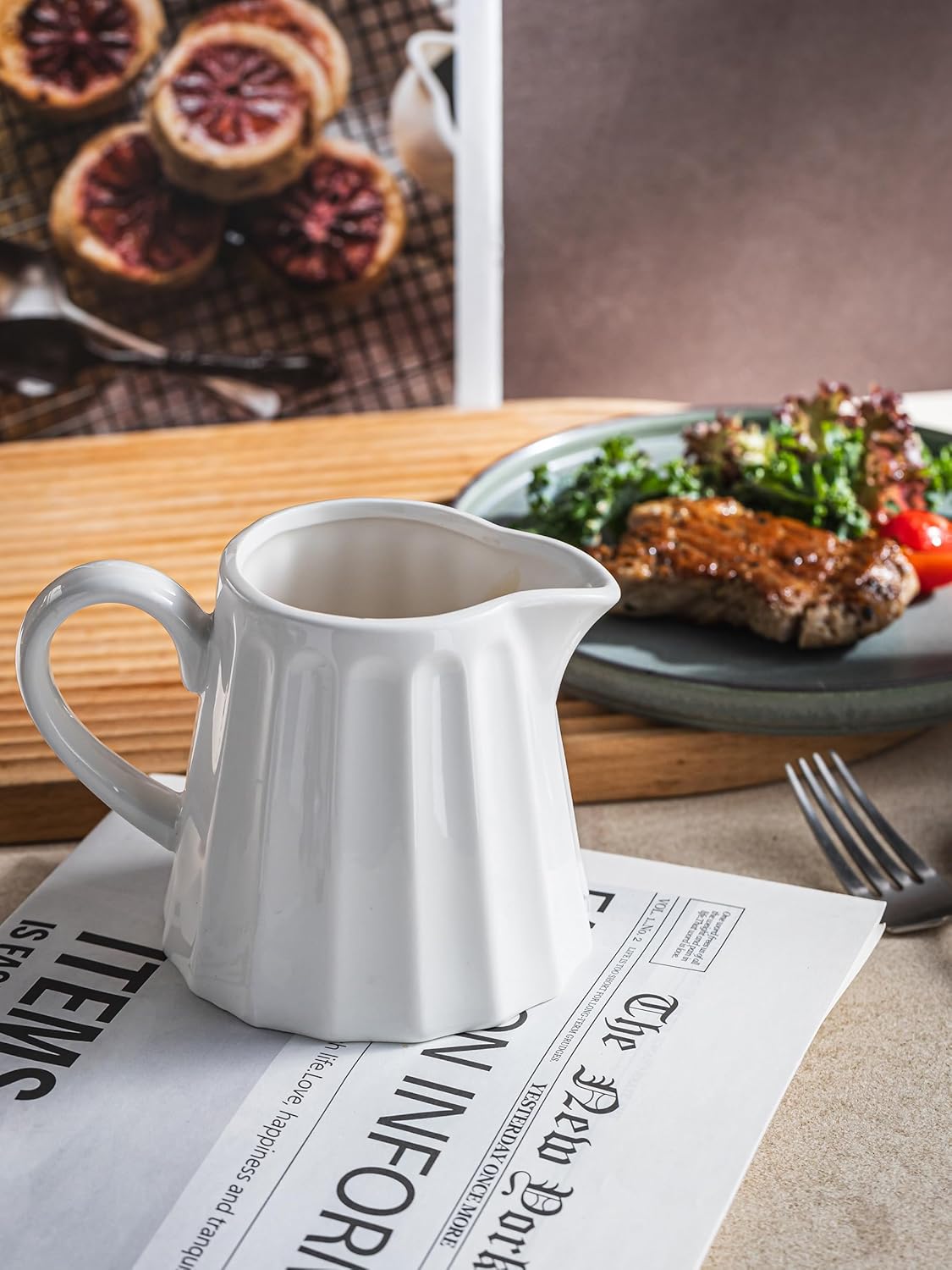 Ceramic Creamer Pitcher,17 Oz Coffee Creamer Container with Handle, Small Milk Pitcher Pourer for Sauces, Salad, White