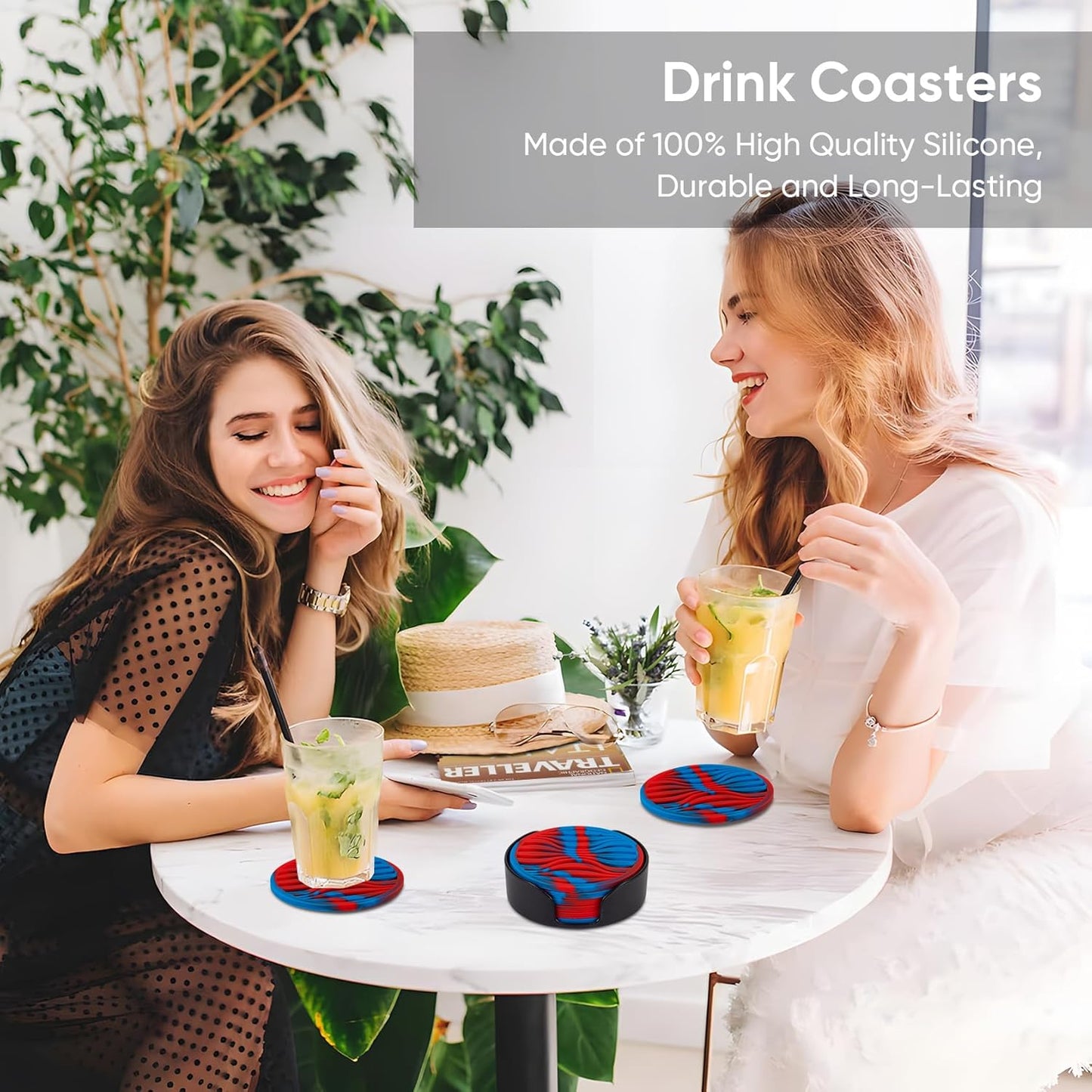 6 Pack Rubber Drink Coasters,Coasters for Drink with Holder,Silicone Cup Mat Non-Stick,Non-Slip,Thickened Live for Hot or Cold Drink(Blue Red)