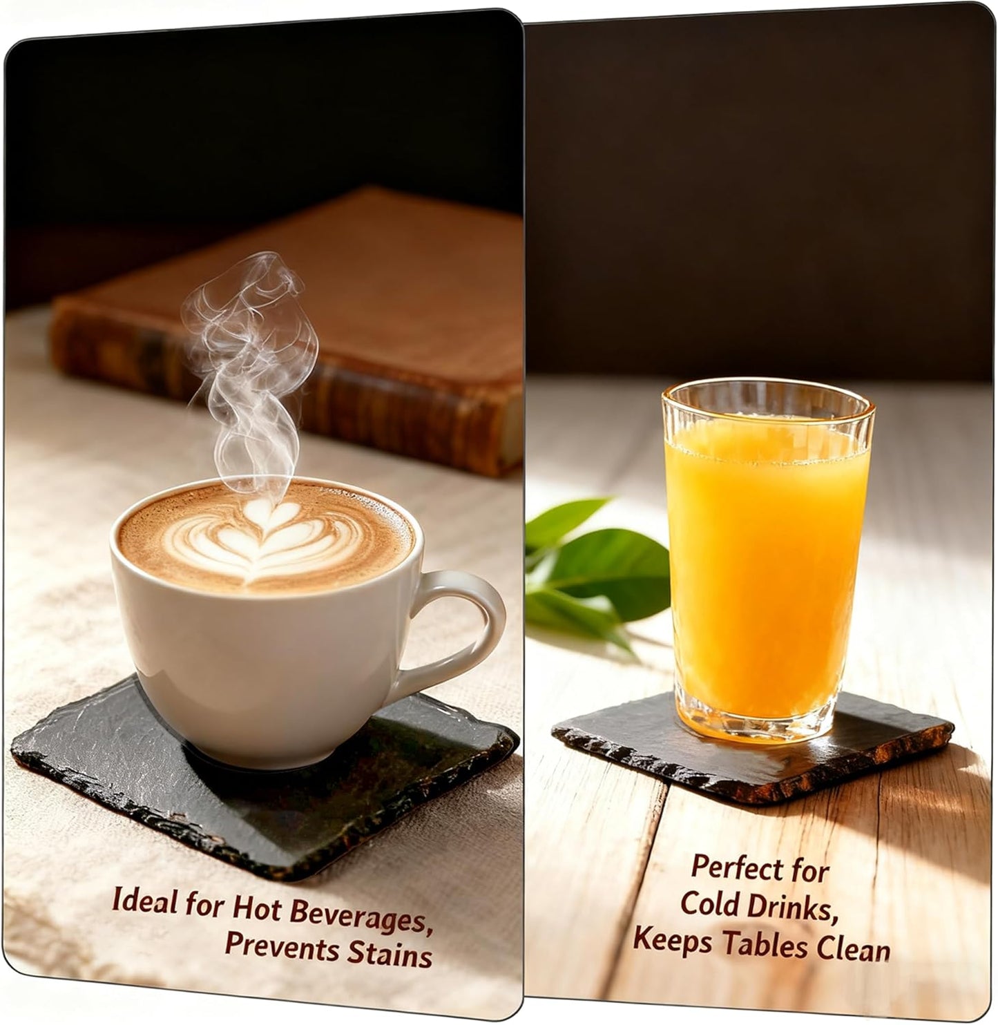 Black Natural Stone Coasters Set of 4, Sleek Minimalist Square Drink Coasters with Natural Edge, Durable Anti-Scratch Table Décor for Home, Kitchen, Bar & Office, Protects Wood & Glass Surfaces