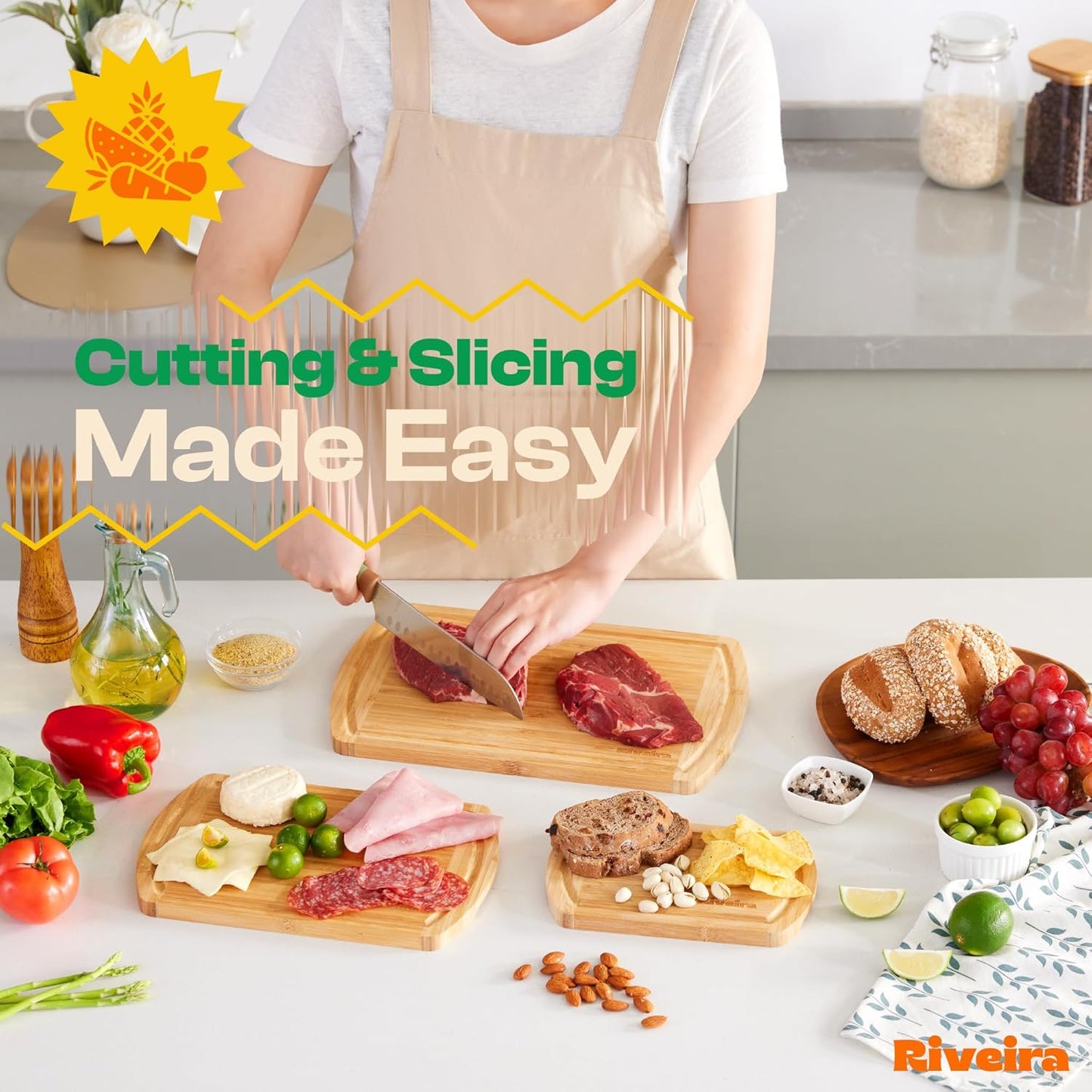 Riveira Two Tone Bamboo Wood Cutting Board – Gourmet Bamboo Grandeur: 8 x 8 Wooden Cutting Board – Wooden Cutting Boards For Kitchen Decorative – Innovative Juice Grooves Wooden Chopping Board