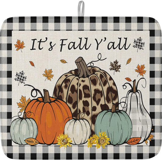 Fall Dish Drying Mat for Kitchen Counter Pumpkin Drying Pad Absorbent Drying Mats for Countertops Sinks Draining Racks Maple Leaves Black Buffalo Plaid Drainer Holiday Harvest Thanksgiving Decor 16x18