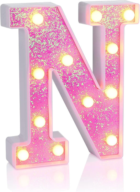 Foaky Pink Light up Letters，Pink Party Decorations,Girls Room Decor,Glitter Light Up Letters,Alphabet Letter Sign for Night Light Birthday Party Girls Gifts, Home Bar Decoration（N）