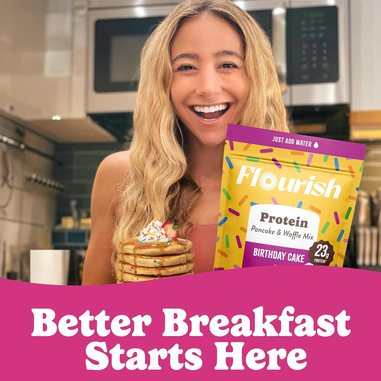 Flourish Protein Pancake & Waffle Mix, with Whey Protein & Flax Seed, No Added Sugar, High in Protein & Fiber - Just Add Water - Birthday Cake Flavour, 430g (3 Pack) - Made in Canada