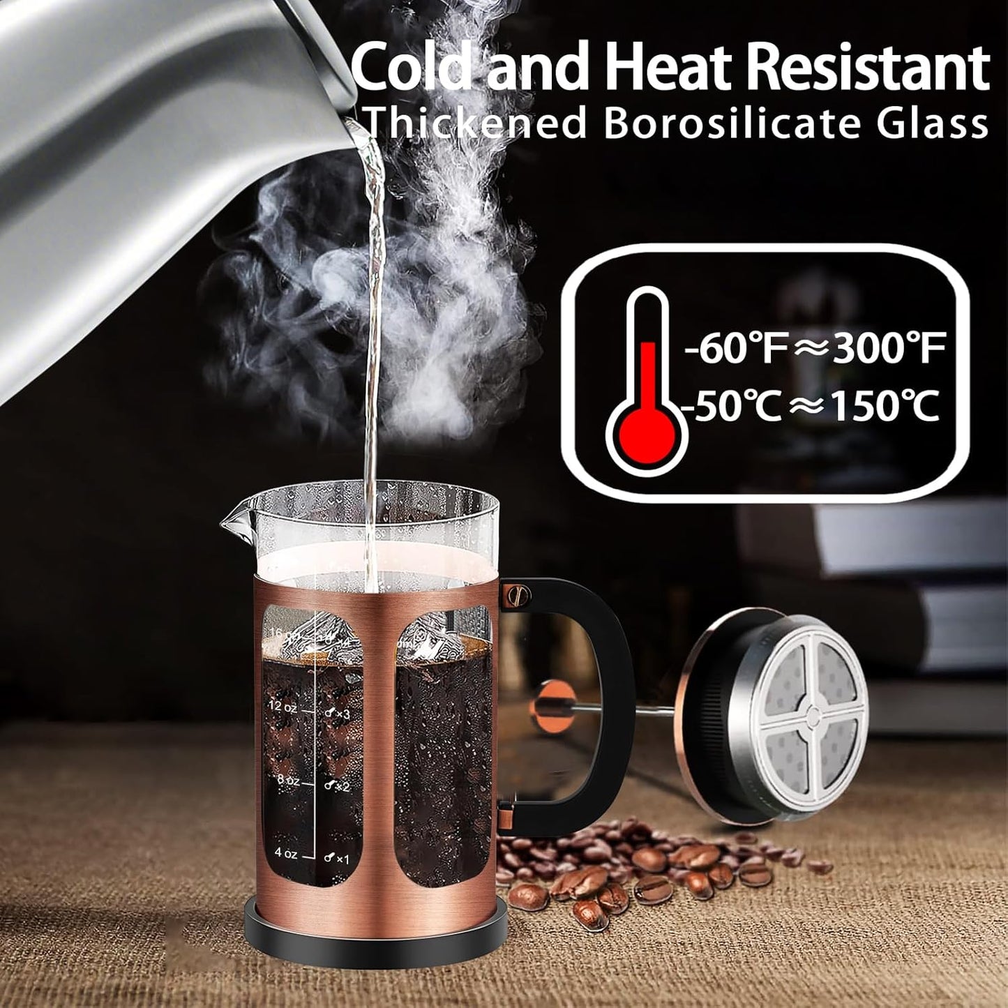 French Press Coffee Maker (21oz 600ML 3-4Cup) Coffee Press, with 4 Filters System, Heat Resistant Thickness Borosilicate Glass, Cold Brew Coffee Tea Pot Gifts (Copper)