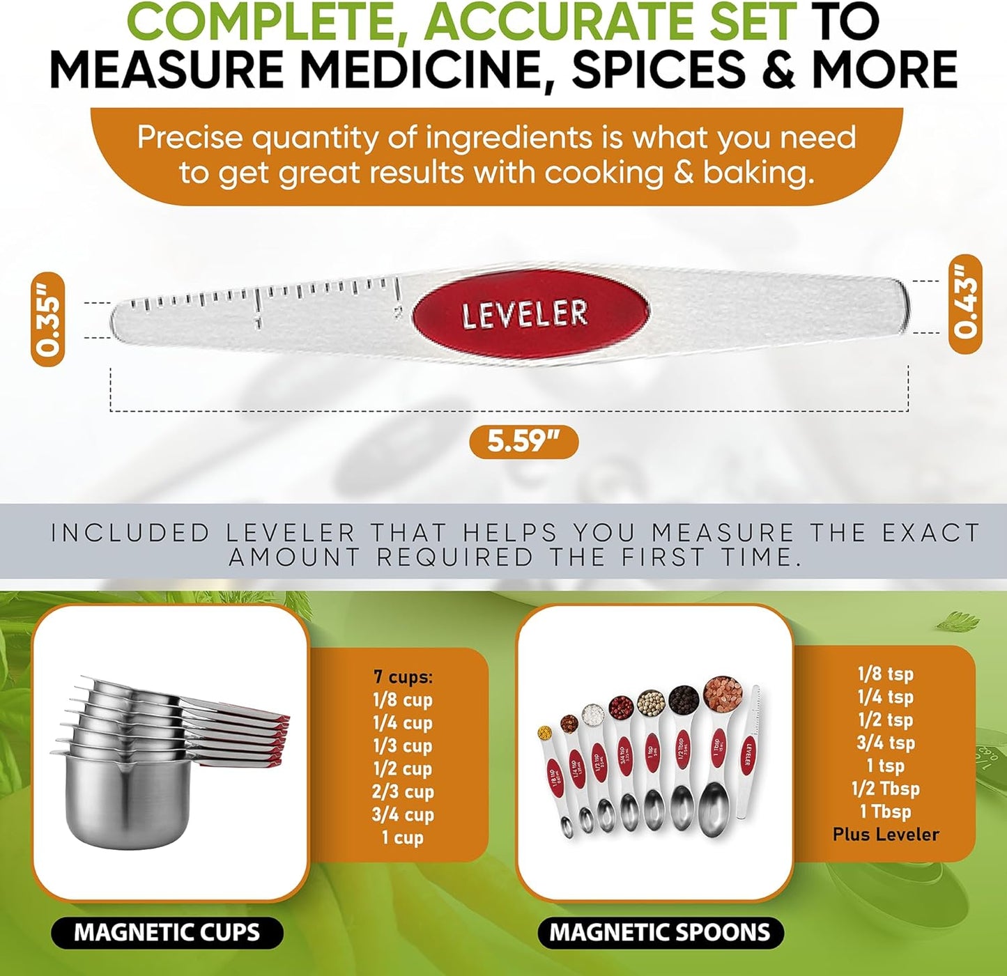 Spring Chef Magnetic Measuring Cups & Spoons Set (Patent Pending), Strong N45 Magnets, Heavy Duty Stainless Steel Fits in Spice Jars for Baking & Cooking, BPA Free, Round Set of 15 with Leveler, Red