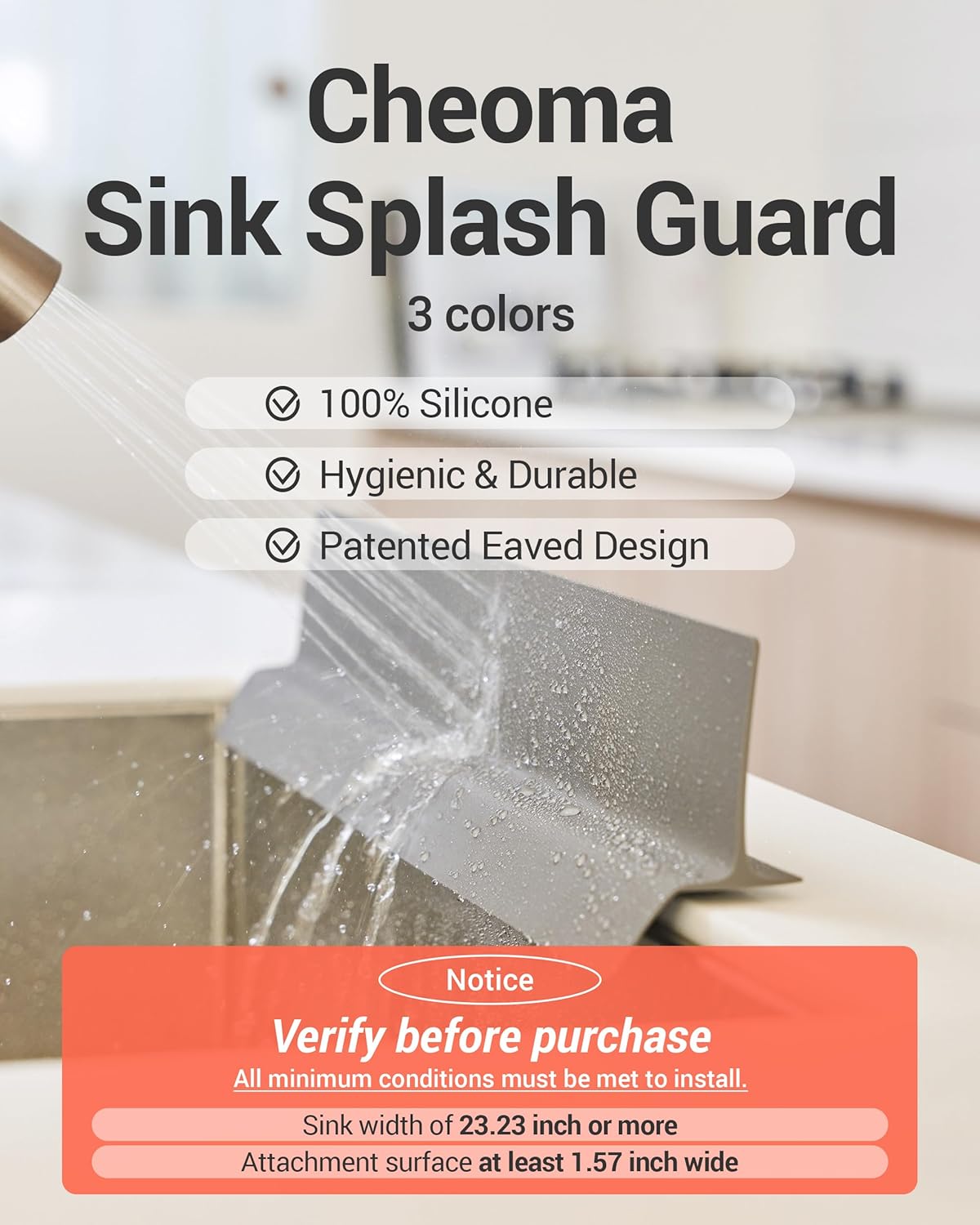 23 inches 100% Premium Silicone Kitchen Sink Splash Guard - Non Slip Strong Suction, Durable, and Easy-to-Clean Splash Protector for Mess-Free Cooking and Dishwashing (Gray)