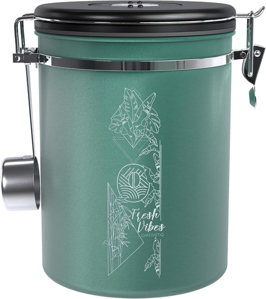 38oz / 22oz Coffee Canister – Airtight Stainless Steel Storage Container with Date Tracker & Scoop, Sealed Jar for Grounds, Beans, Tea, Flour, Cereal, and Sugar (Green Vibes, 22OZ)