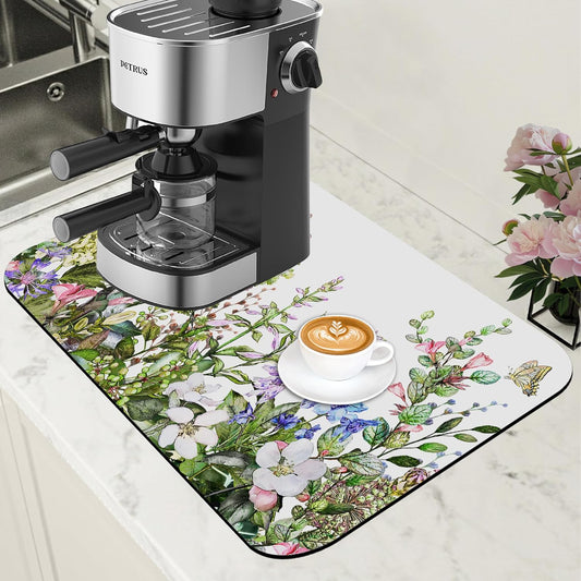 Watercolor Flower and Butterfly Dish Drying Mat for Kitchen Counter Absorbent Coffee Mat with Hide Stain Rubber Backed Espresso Machine Coffee Bar Accessories 11.8 x 19.7 Inch