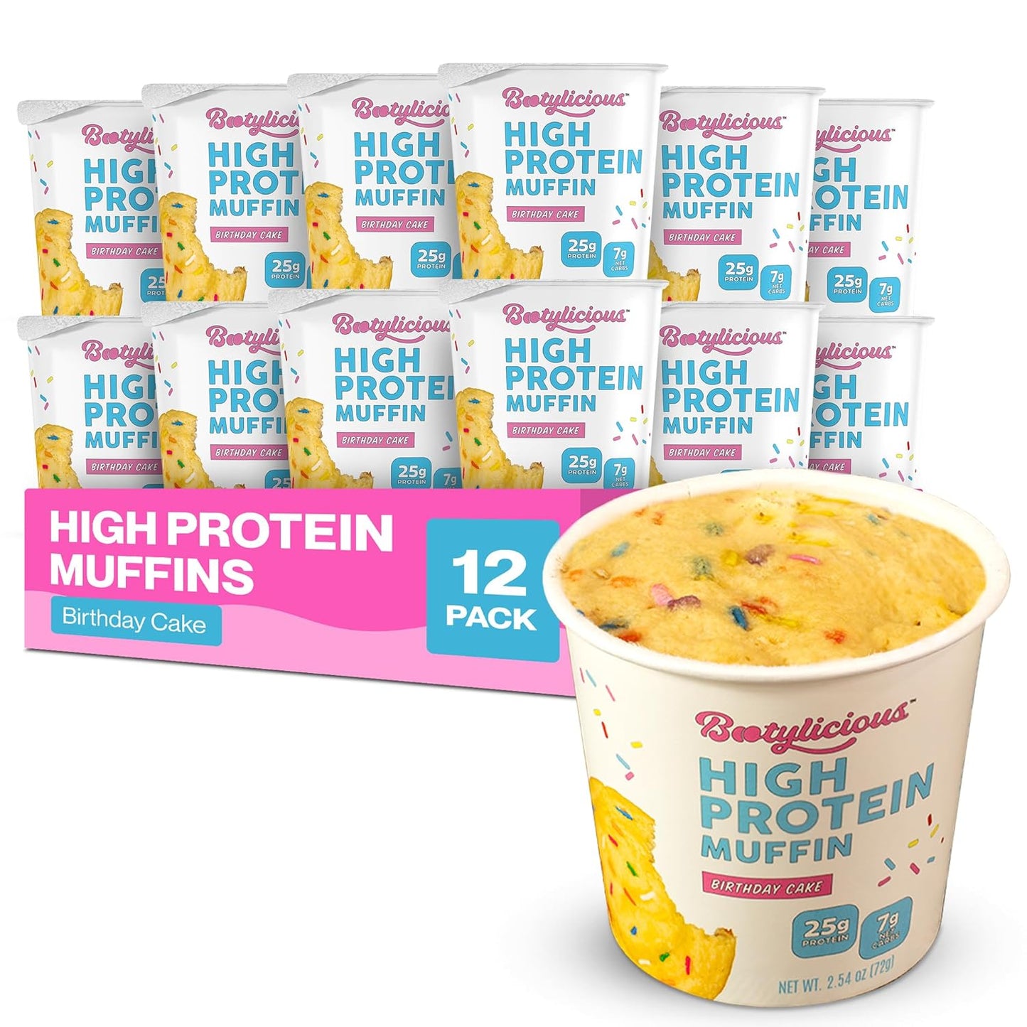 Bootylicious | High-Protein Muffin | 25g Protein, 7g Net Carbs, 2.32-2.75oz Cup, 12-Pack (Birthday Cake)
