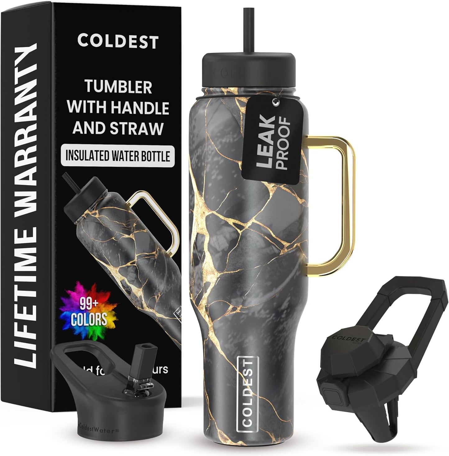 Coldest 40 oz Tumbler with Handle and Straw - 100% Leak Proof Insulated Tumbler with Lid and Straw (3 Lids) - Stainless Steel Tumblers for Women & Men - Cup Holder Friendly Base, 46 oz (Black Luna)