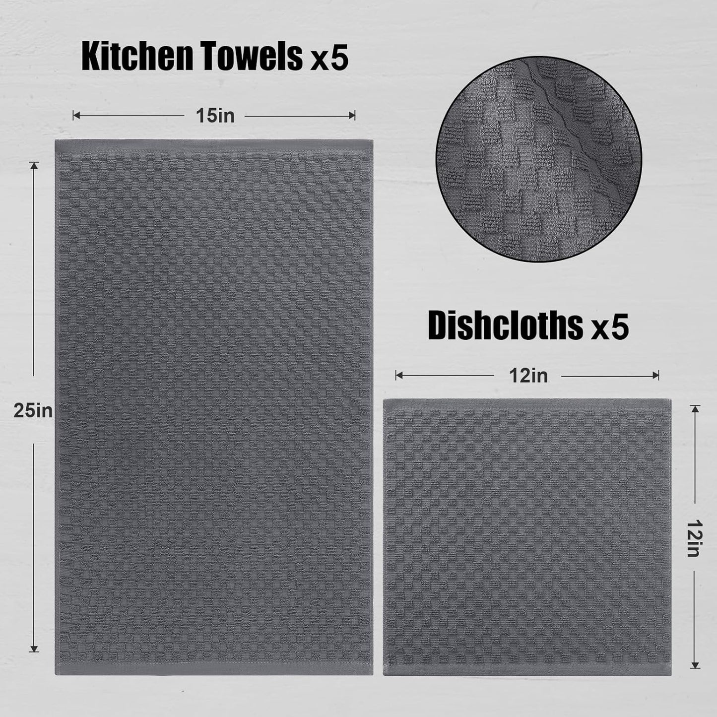 Fintale 100% Cotton Kitchen Towels and Dishcloths Set, 12 x 12 & 15 x 25 Inches, Set of 10 Bulk Super Soft and Absorbent Terry Cloth Dish Towels, Quick Drying Hand Towels with Hanging Loop, Dark Grey