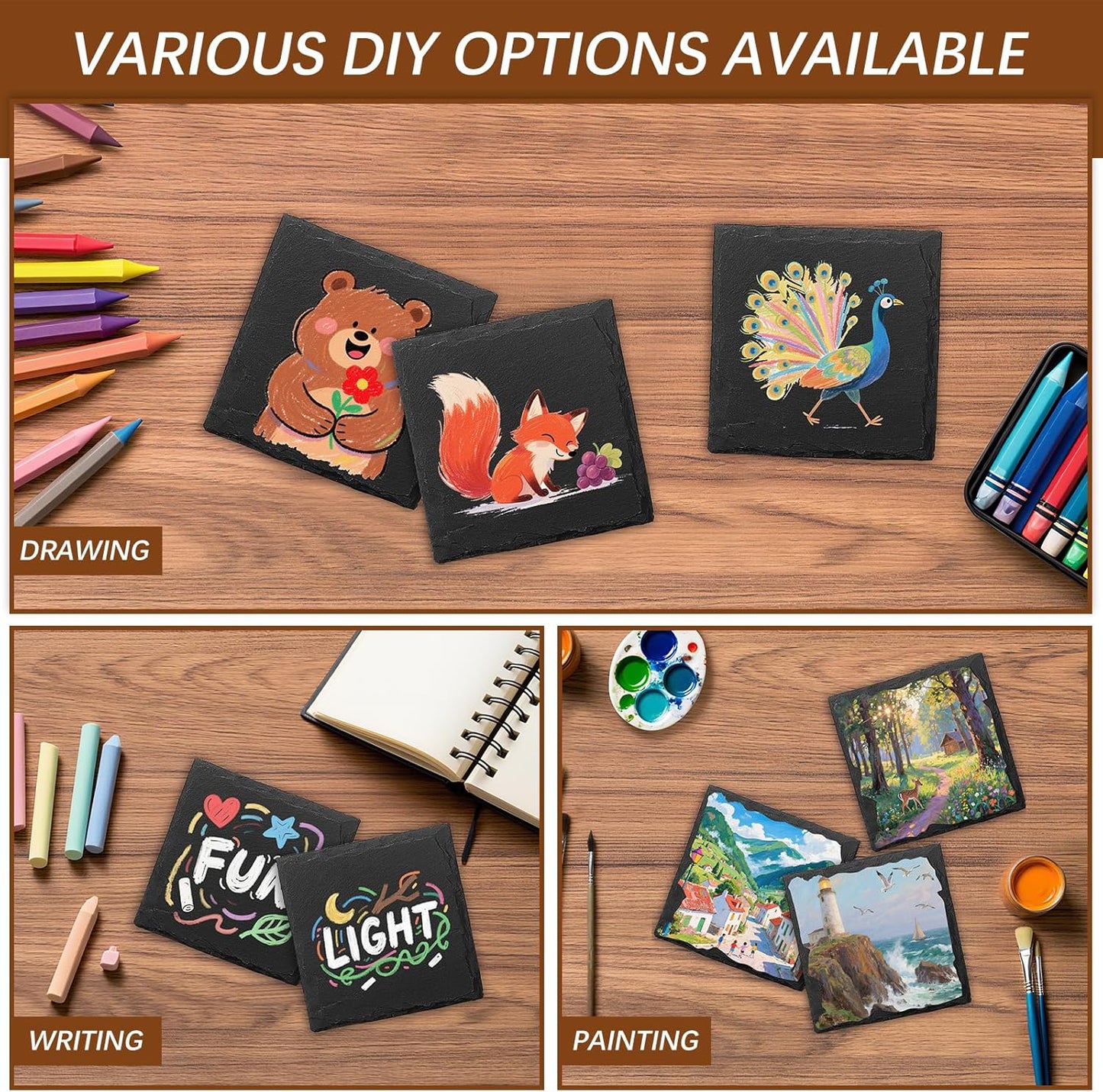 12 PCS Slate Coasters Black Square 4 Inch Bulk Rock, Blank Laser Engraving, Scratch Resistant Bottom, Home Office Kitchen Gift Wedding Bar Party (12 PCS Square Coasters)